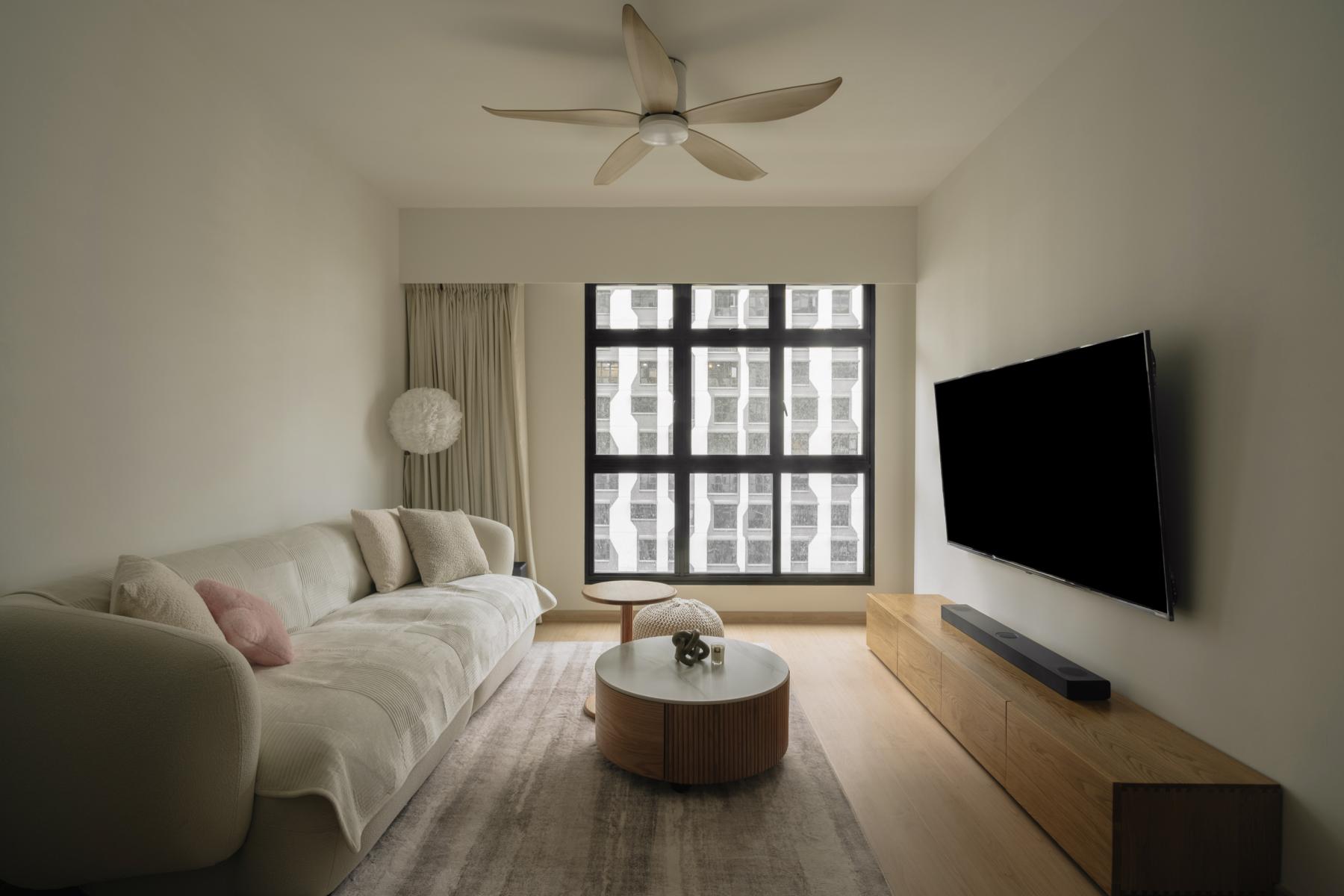 Scandinavian Living Room with Wood Flooring and TV Console