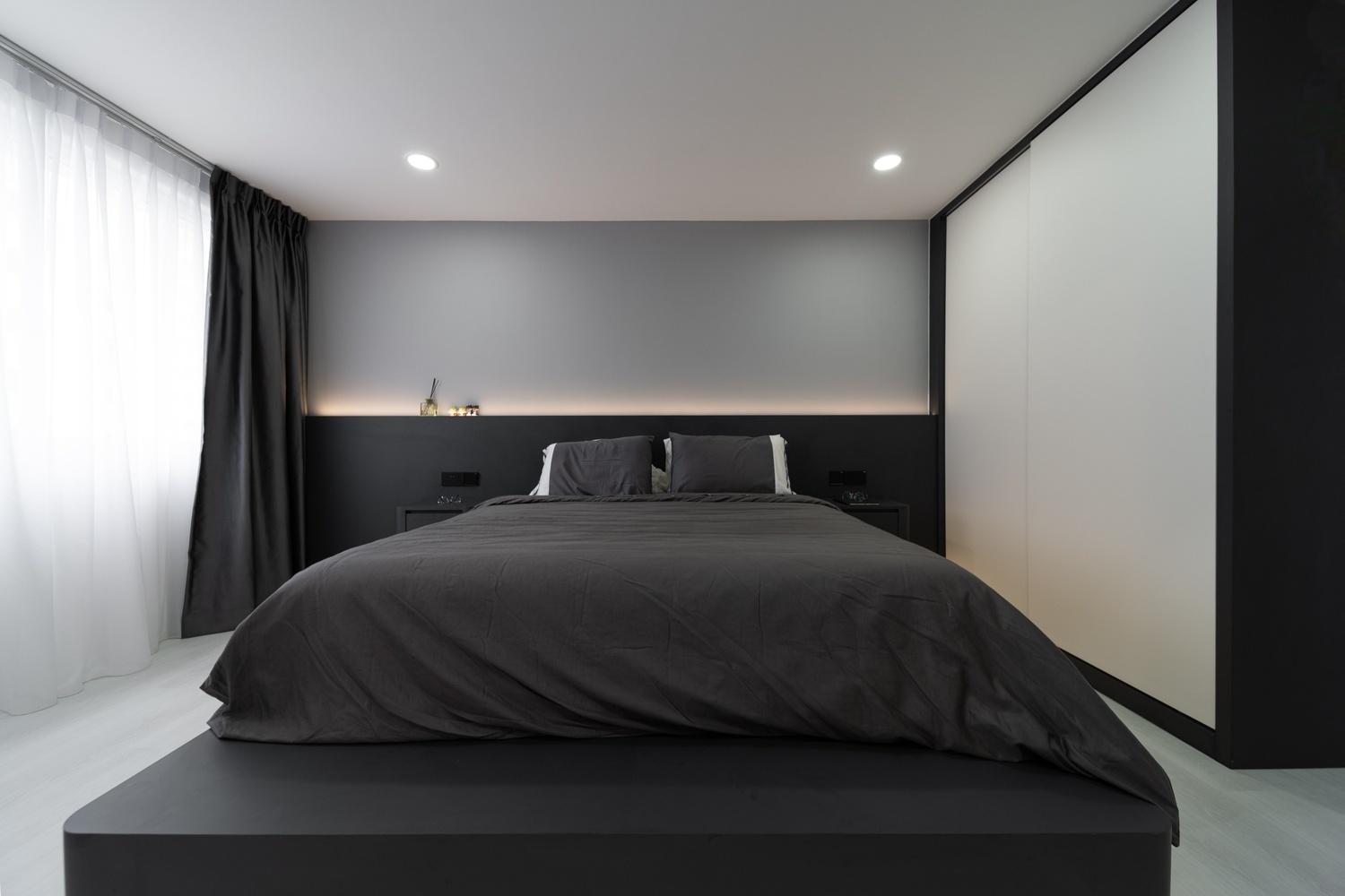 Modern Bedroom with Platform Bed and Vinyl Flooring
