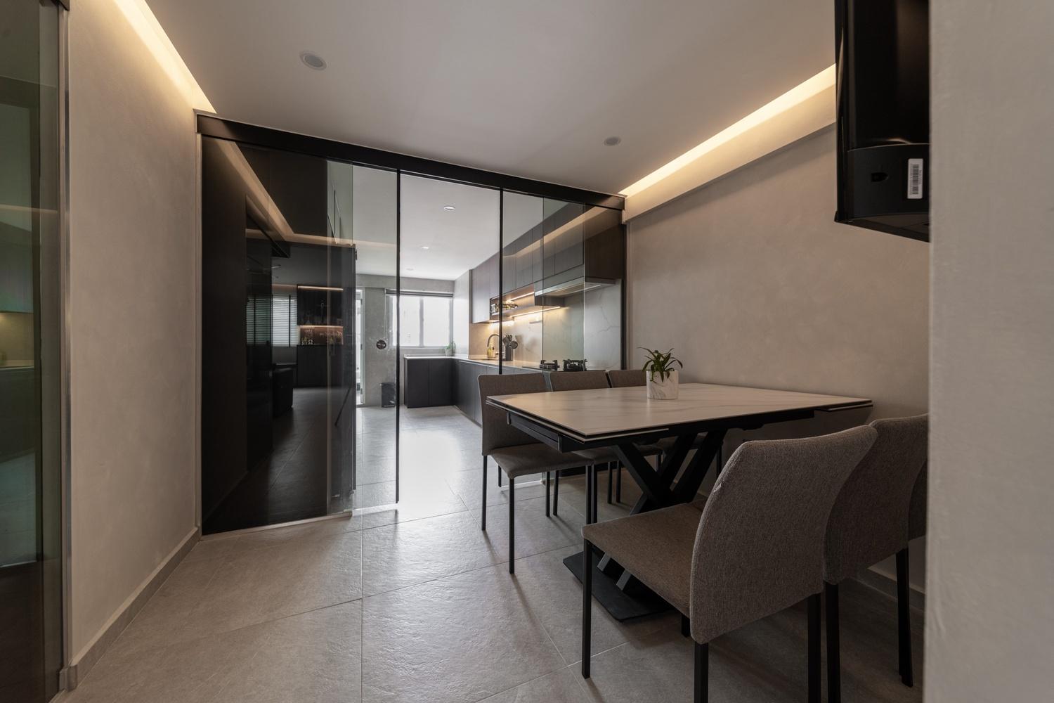 Scandinavian Dining Room with Cove Lighting and Glass Door
