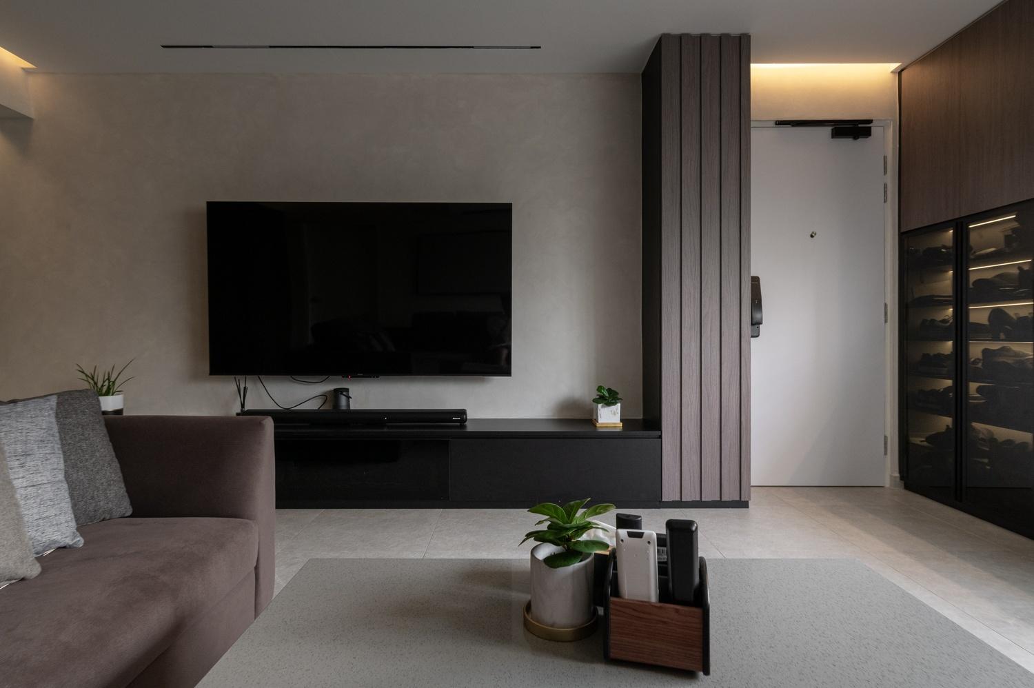 Scandinavian Living Room with TV Console and Feature Wall