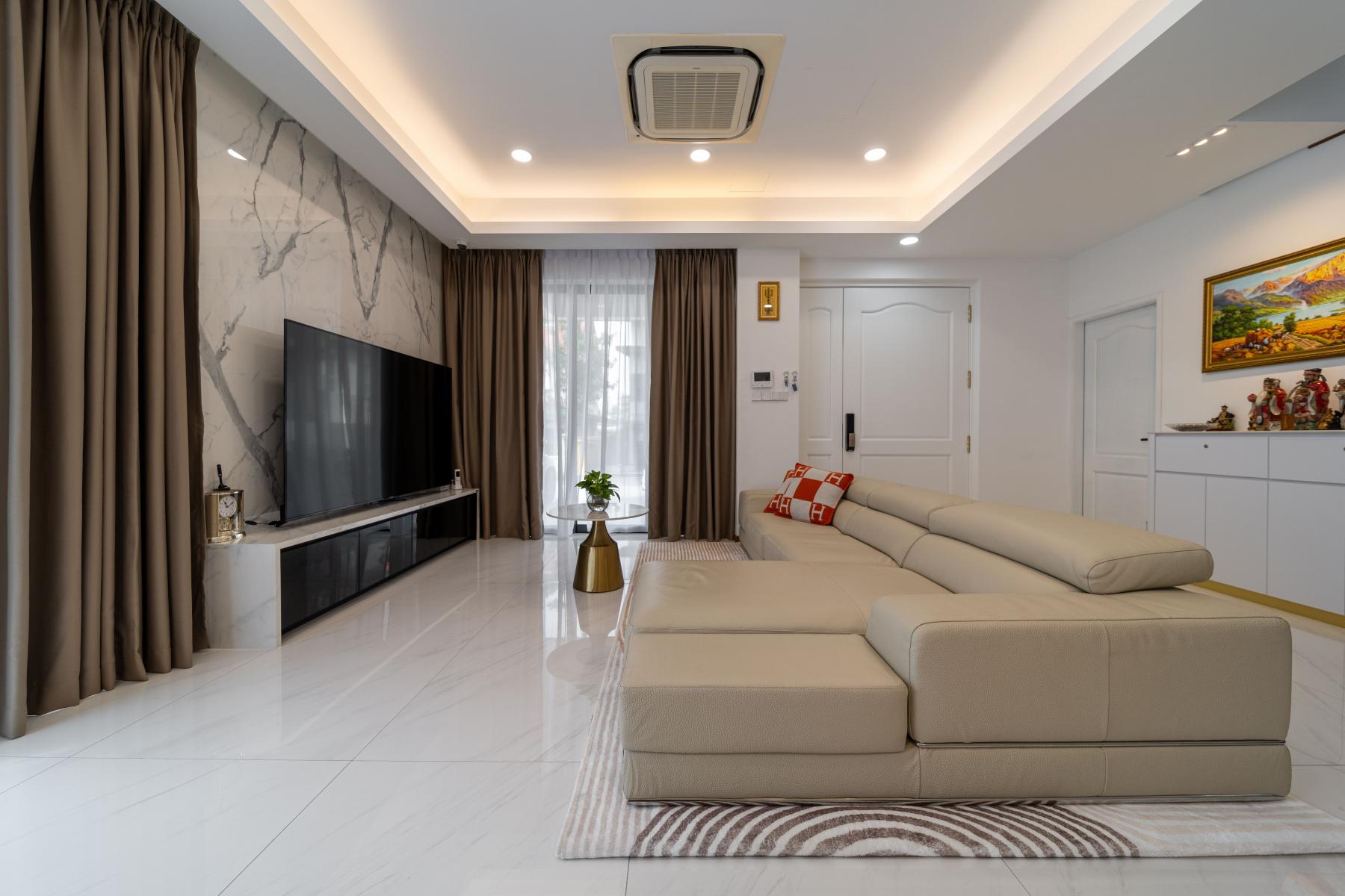 Contemporary Living Room with Marble Floor and Feature Wall