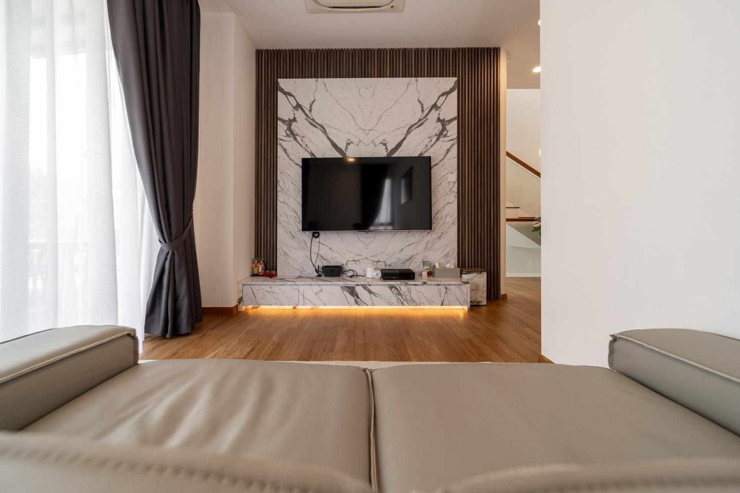 Contemporary Living Room with Parquet Floor and TV Console