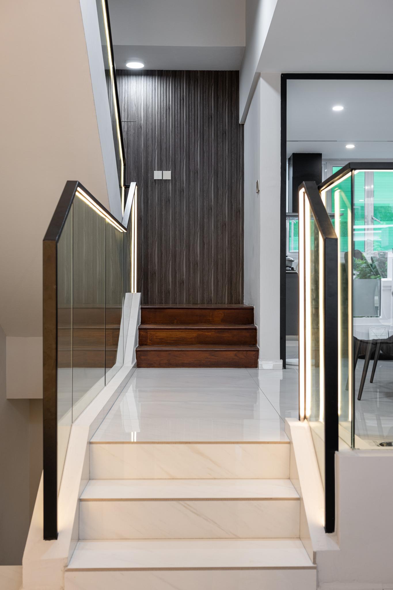 Contemporary Hallway with Feature Wall and Staircase