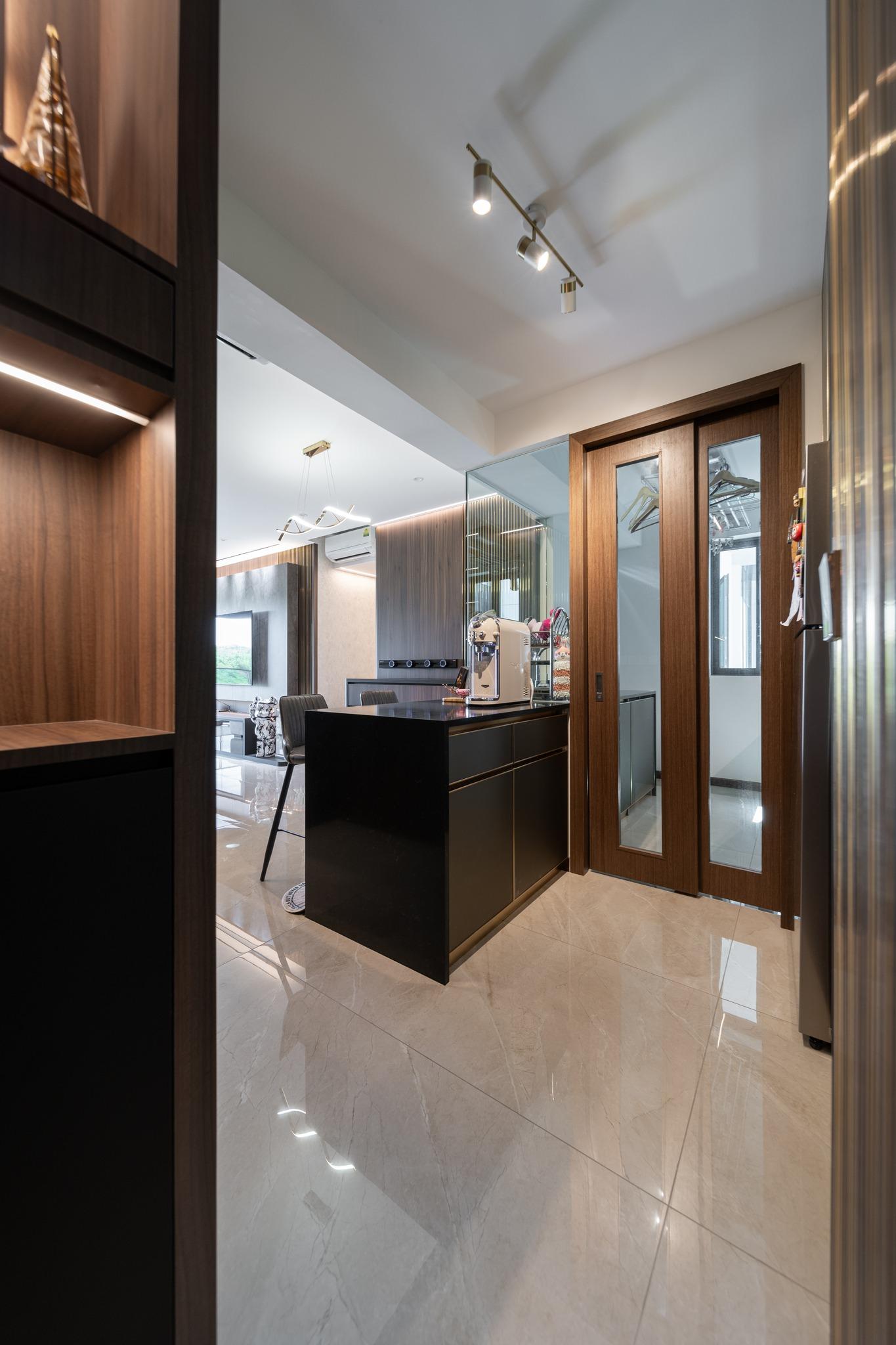 Modern Dining Room with Kitchen Window and Kitchen Island
