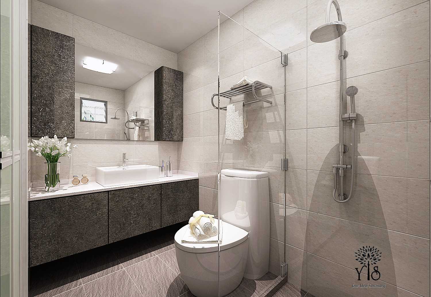 Industrial Bathroom with Homogeneous Tiles and Mirror