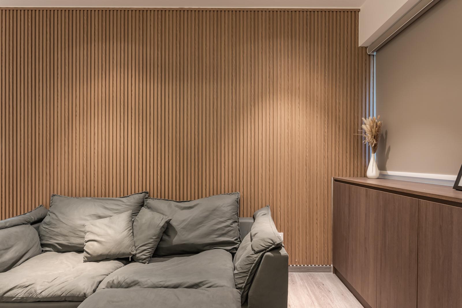 Modern Living Room with Vinyl Flooring and Feature Wall