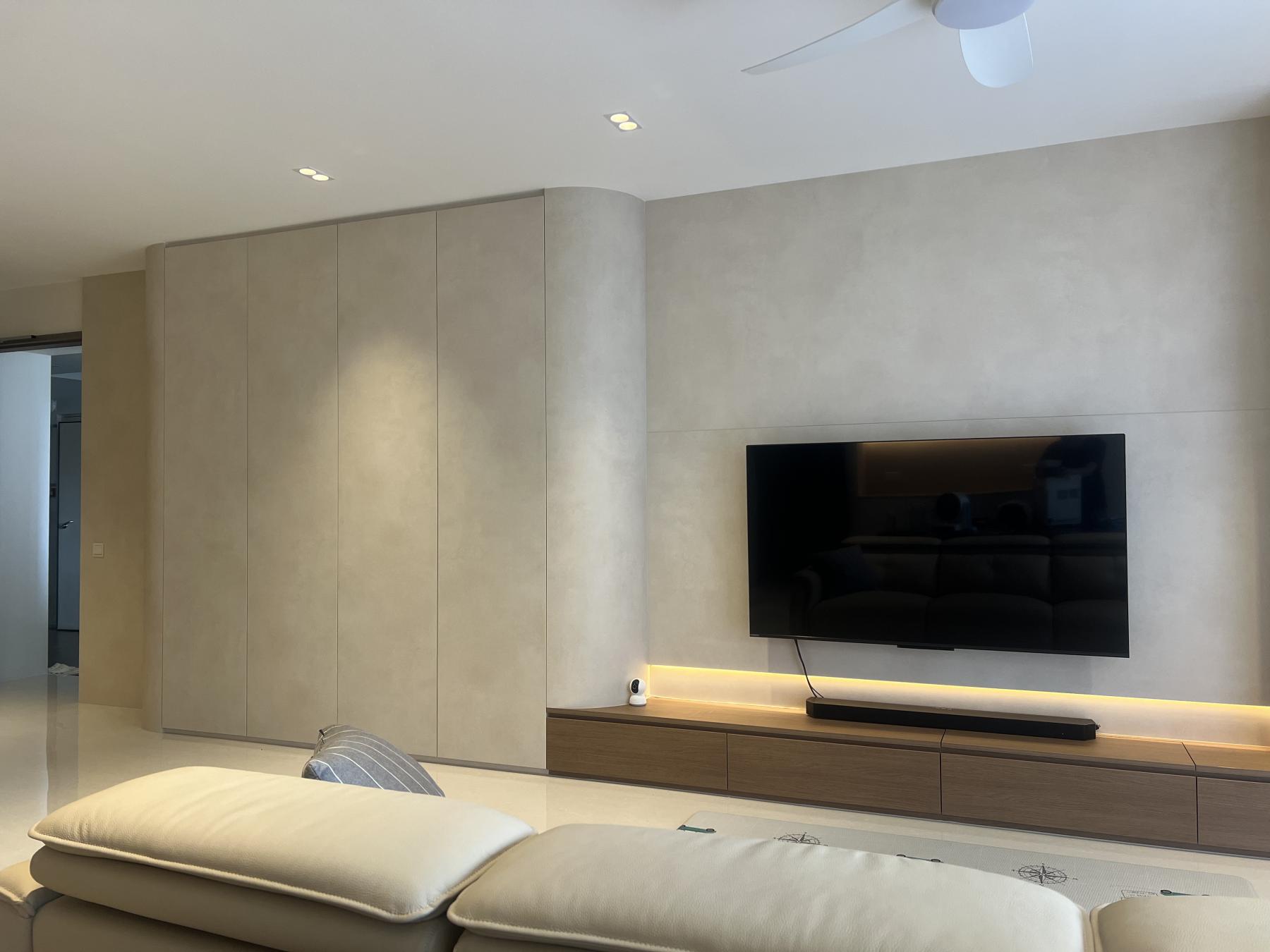 Modern Living Room with Homogeneous Tiles and TV Console