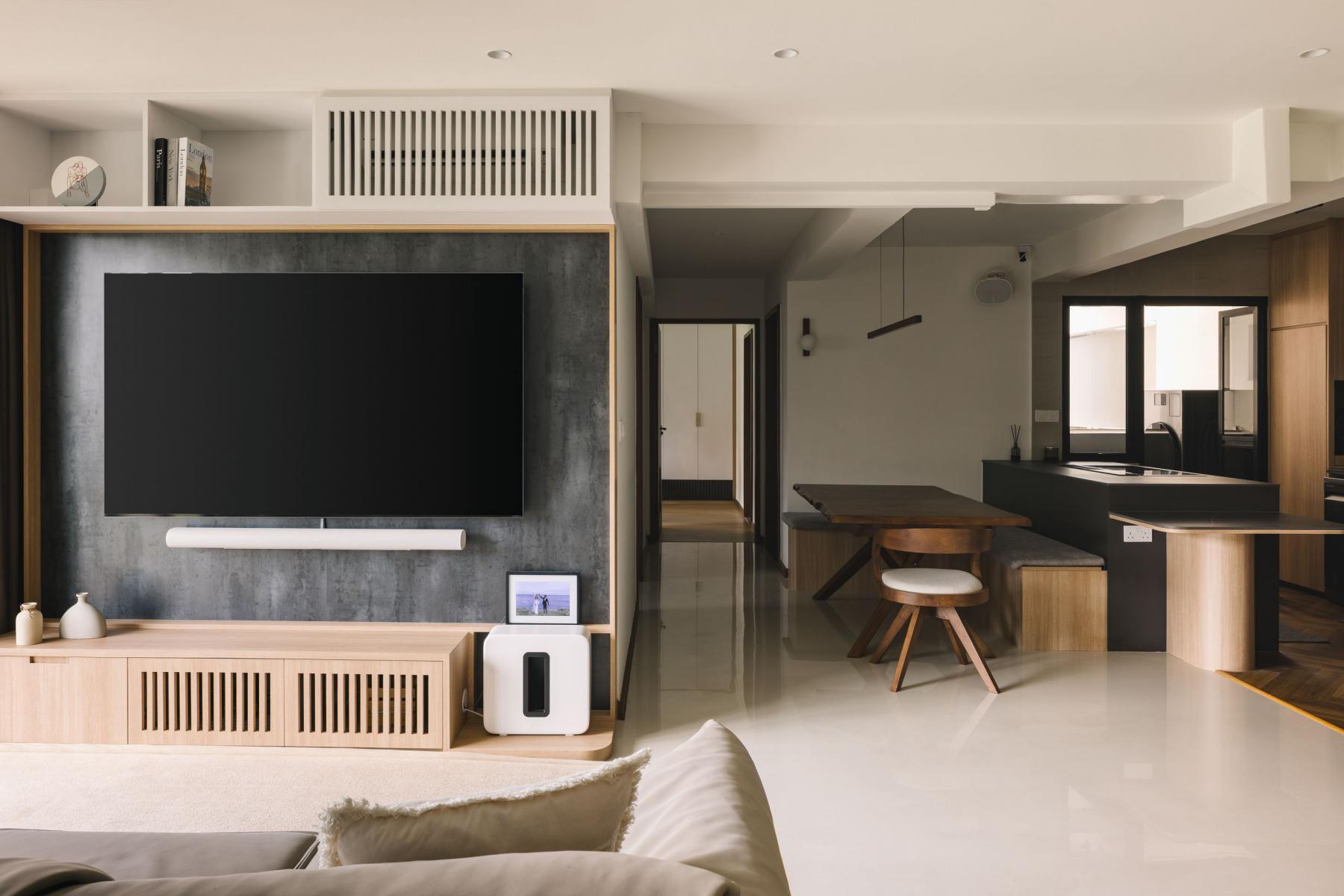 Contemporary Living Room with TV Console and Feature Wall