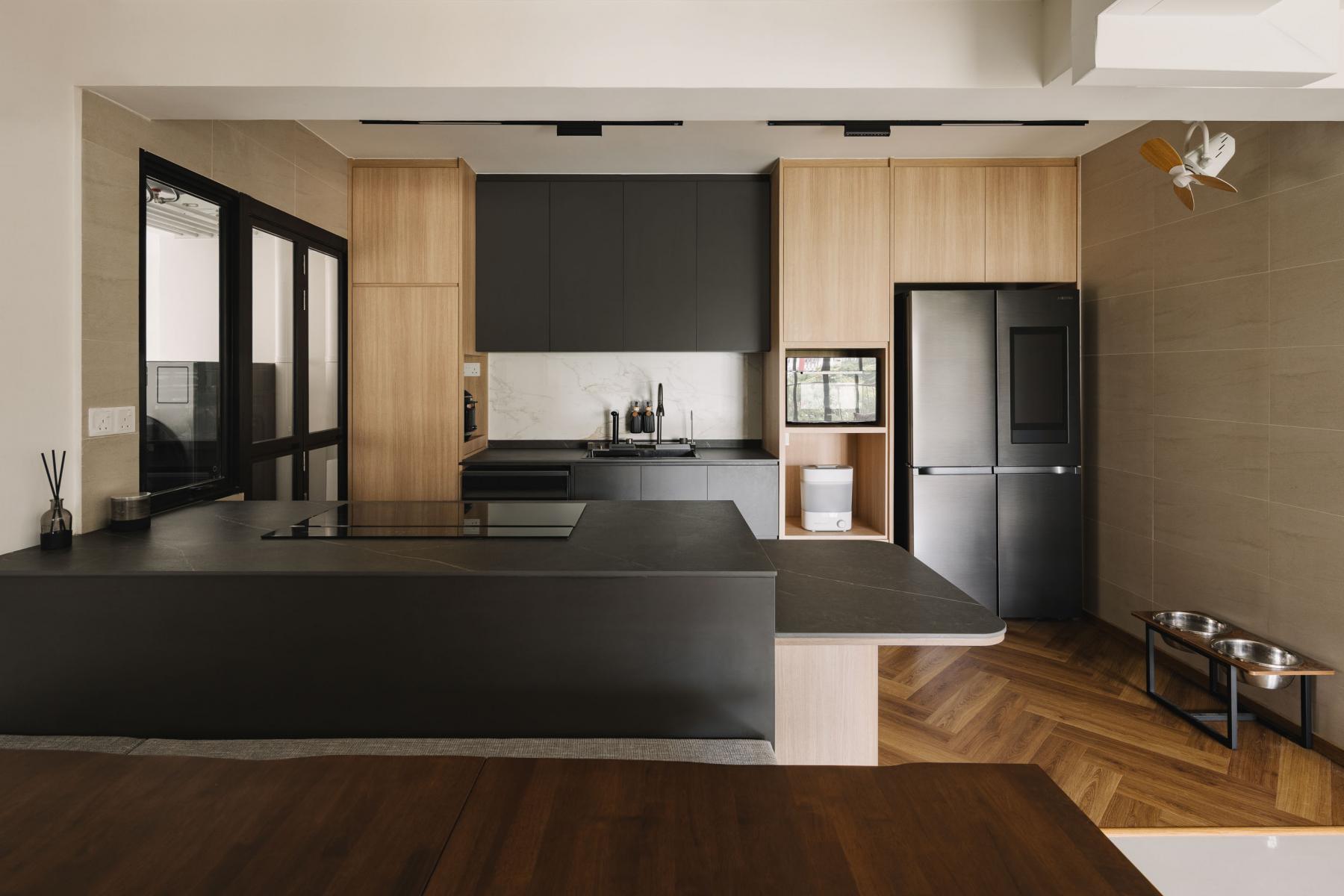 Contemporary Kitchen with Herringbone Tiling and Wood Flooring