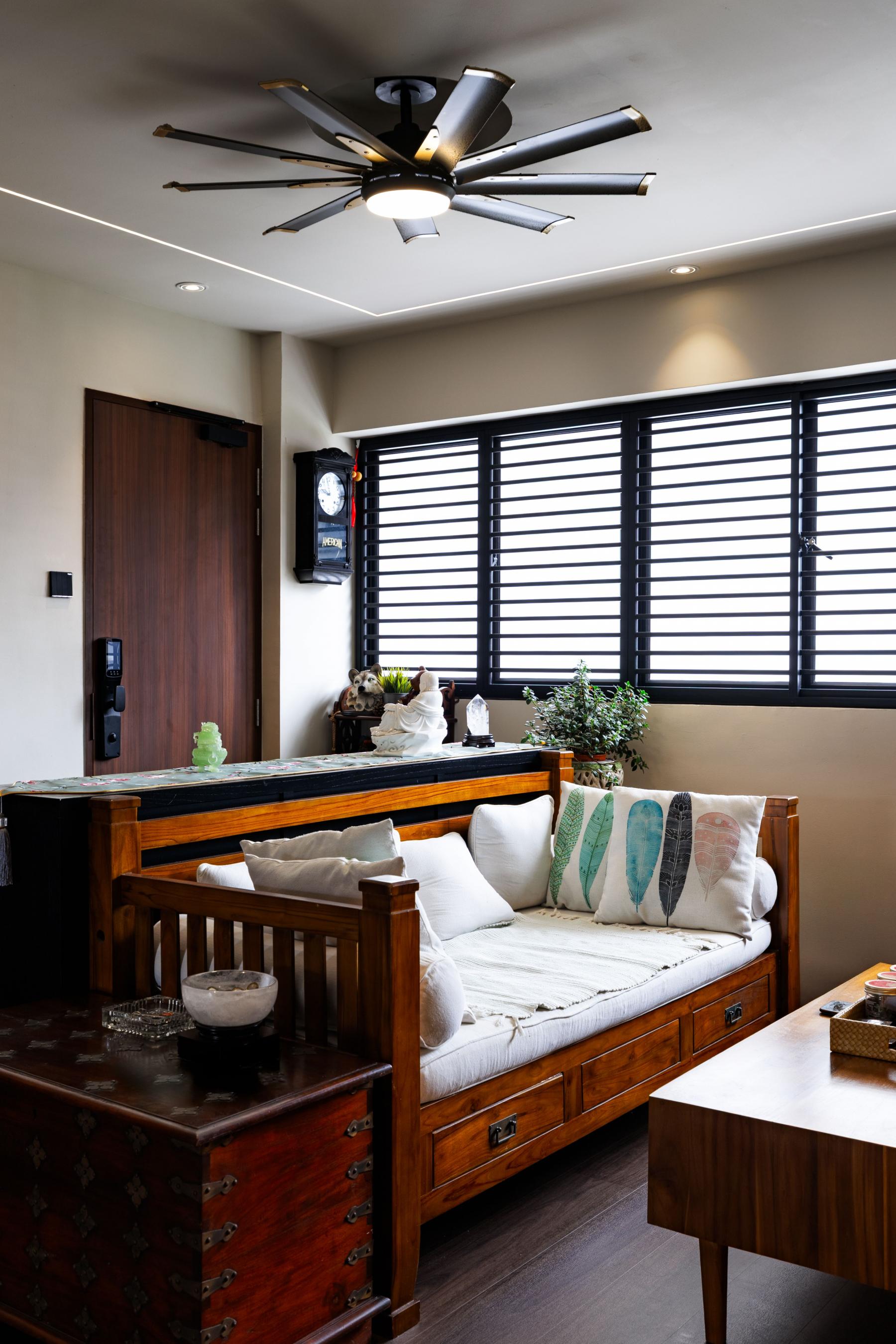 Asian Living Room with Vinyl Flooring and Sofa