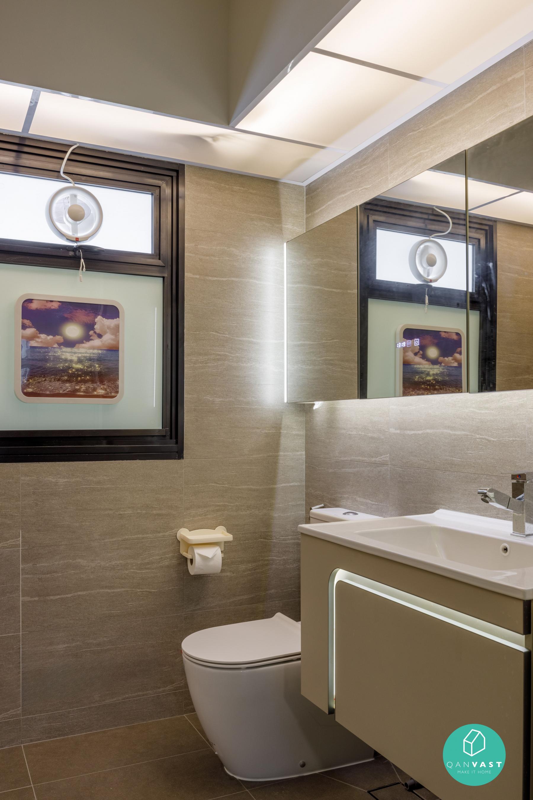 Minimalist Bathroom with Countertop and Homogeneous Tiles