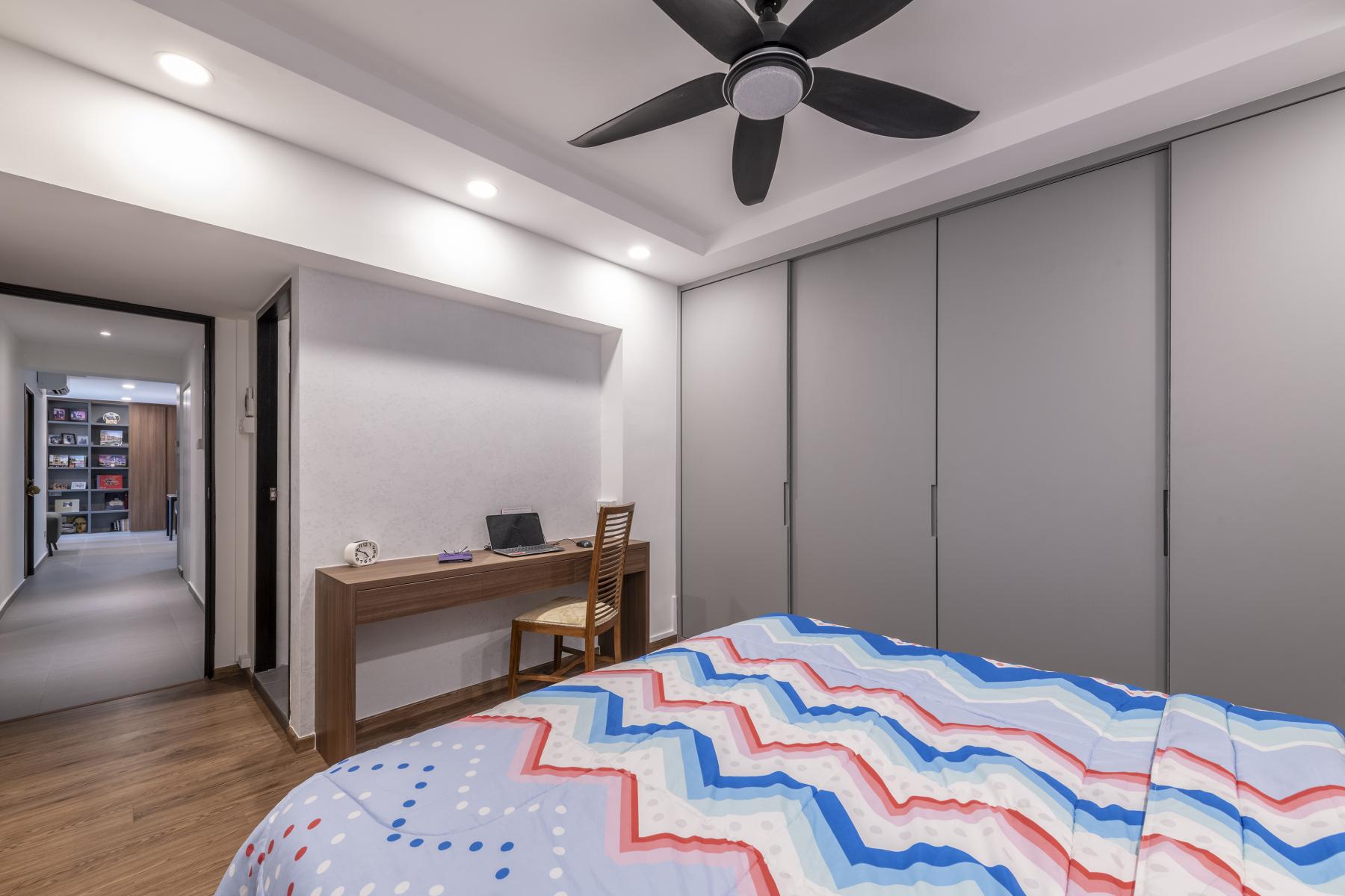 Contemporary Bedroom with Vinyl Flooring and Drop Light