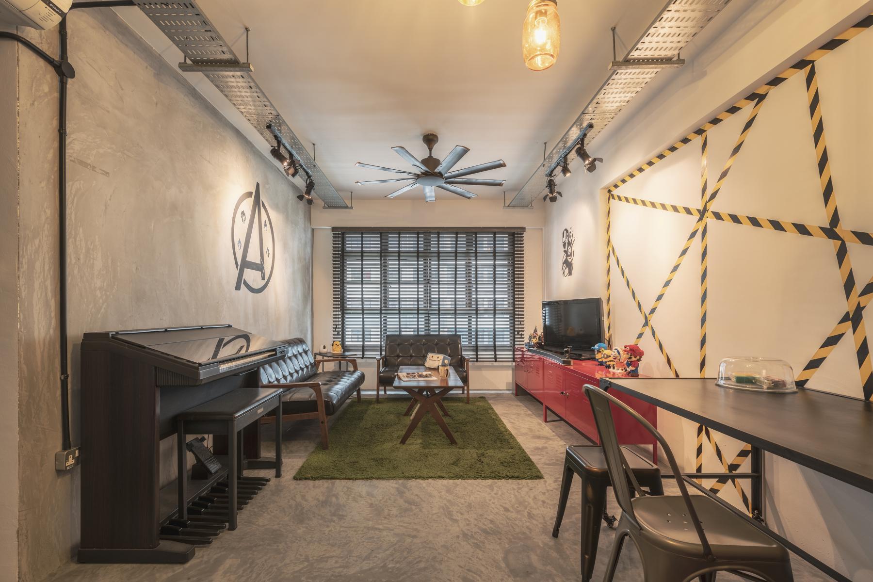 Industrial Living Room with Cement Floor and TV Console