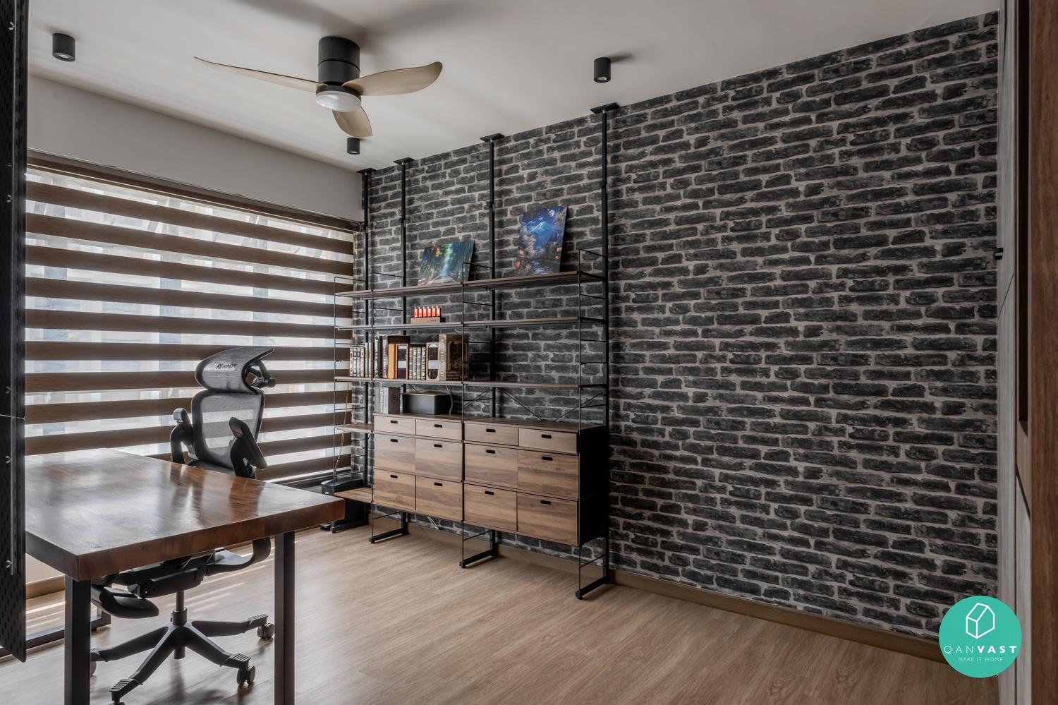 Industrial Bedroom with Bookshelf and Wood Flooring