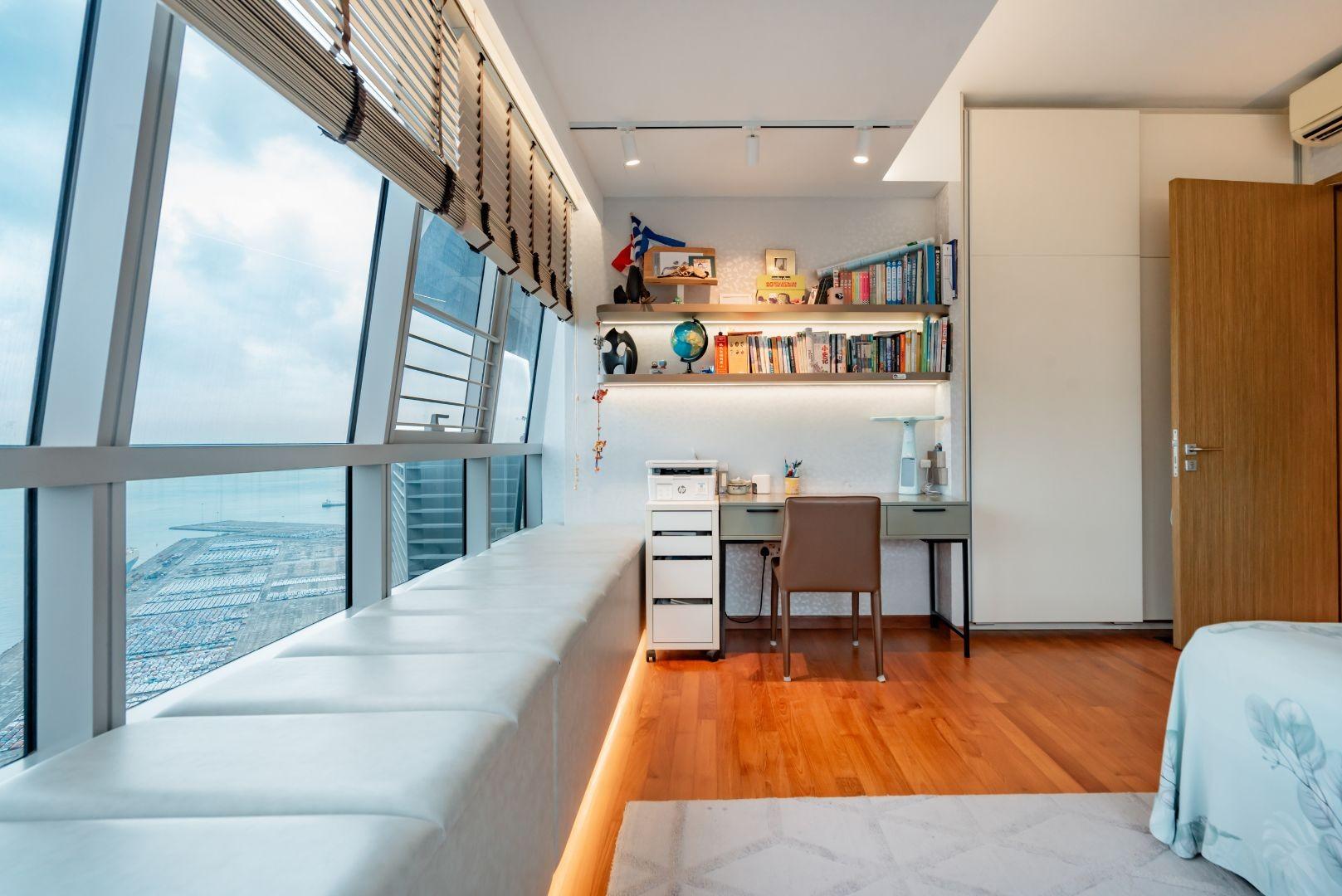 Modern Bedroom with Wood Flooring and Roller Blinds