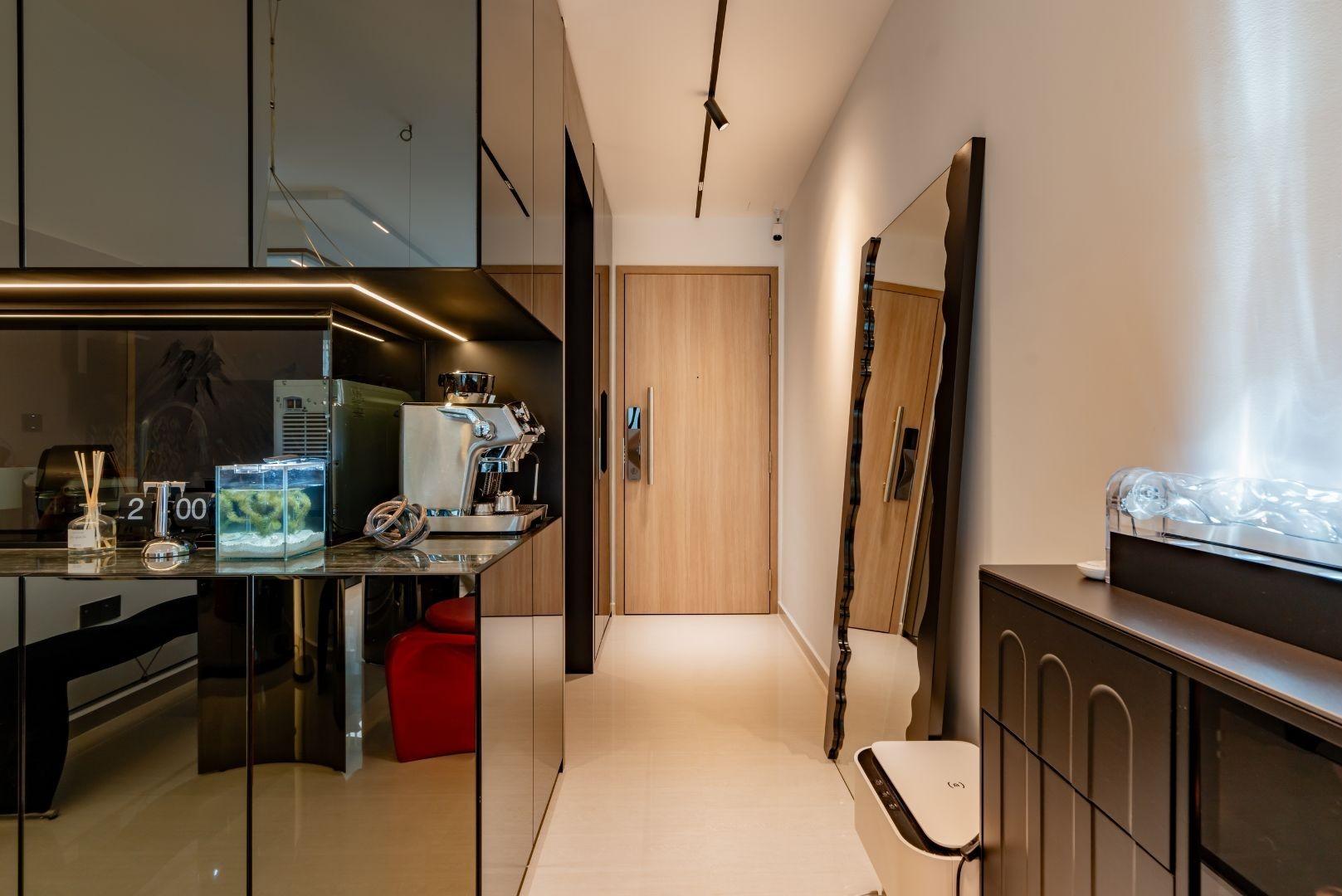 Minimalist Foyer with Mirror and Doors