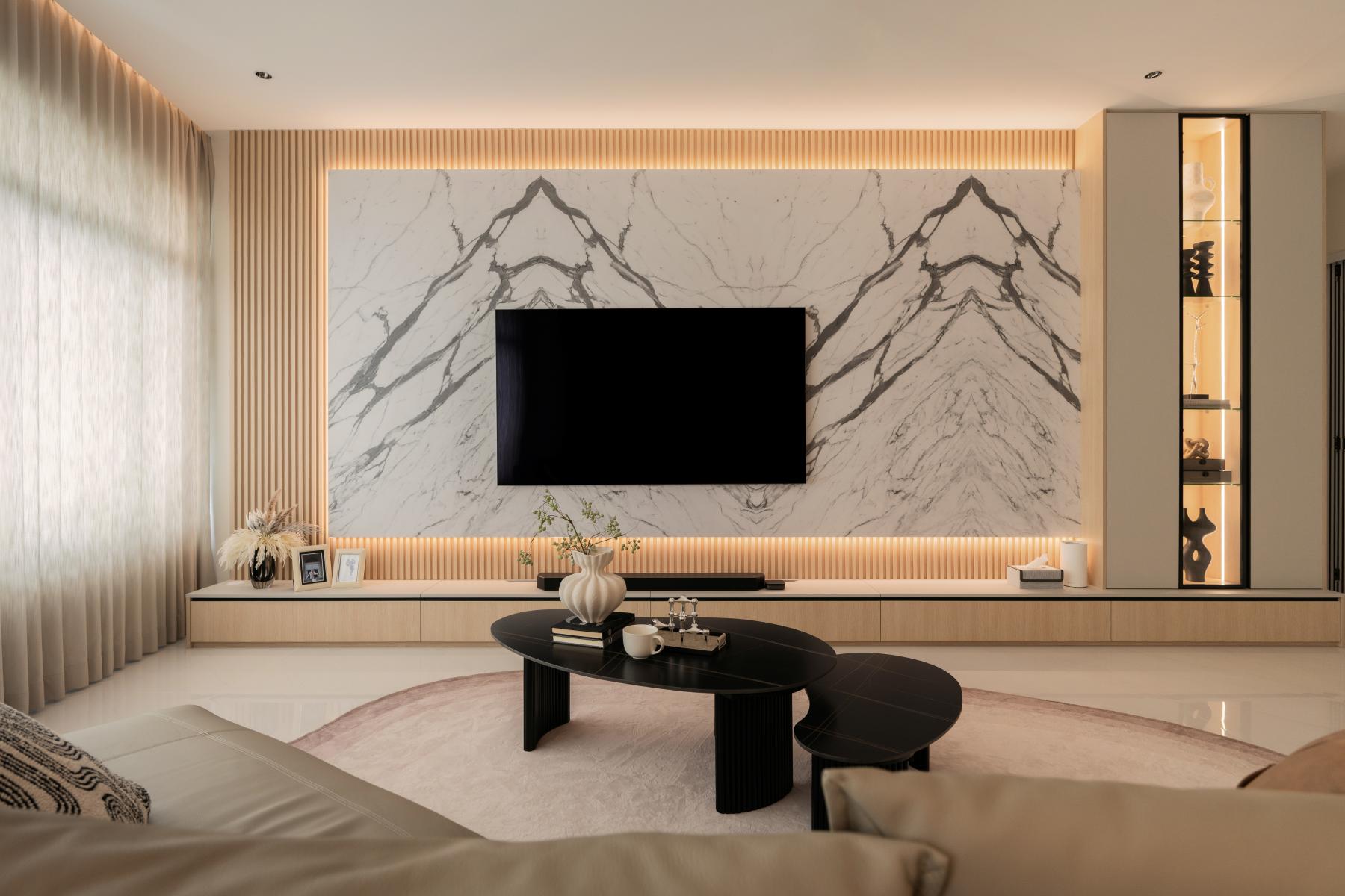 Modern Living Room with Marble Floor and TV Console