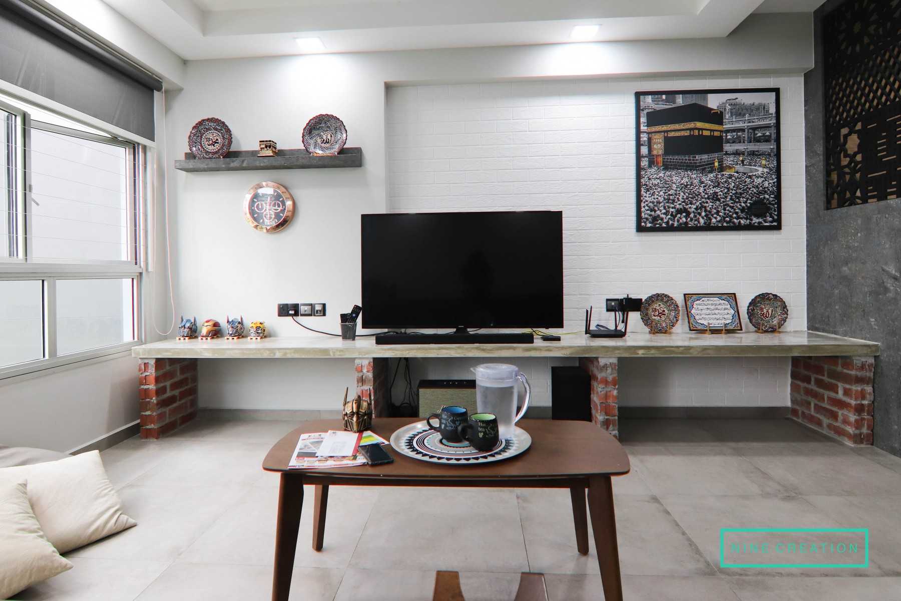 Industrial Living Room with Cement Floor and TV Console