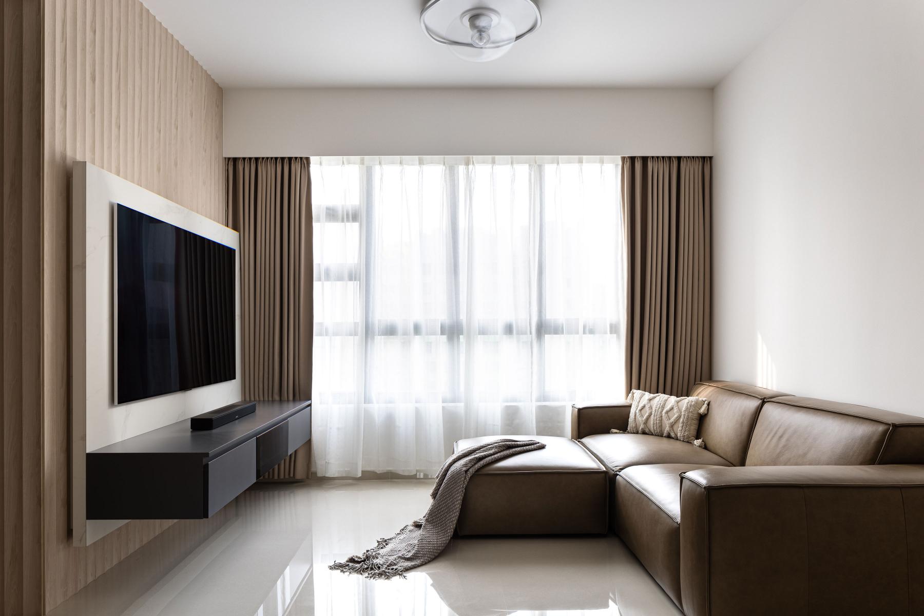 Scandinavian Living Room with Homogeneous Tiles and TV Console