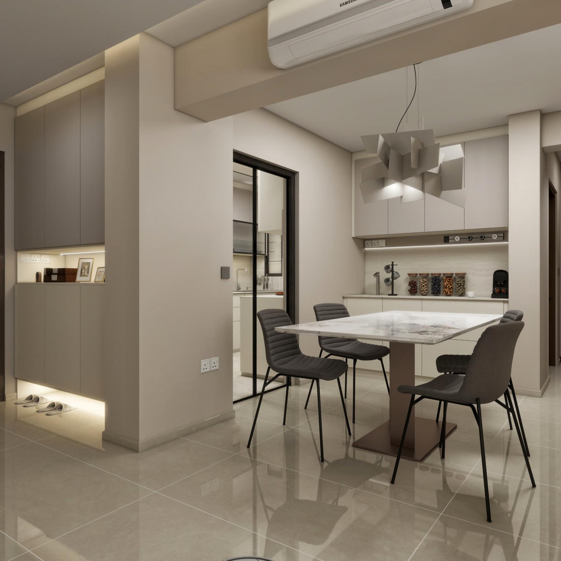 Modern Dining Room with Cove Lighting and Drop Ceiling