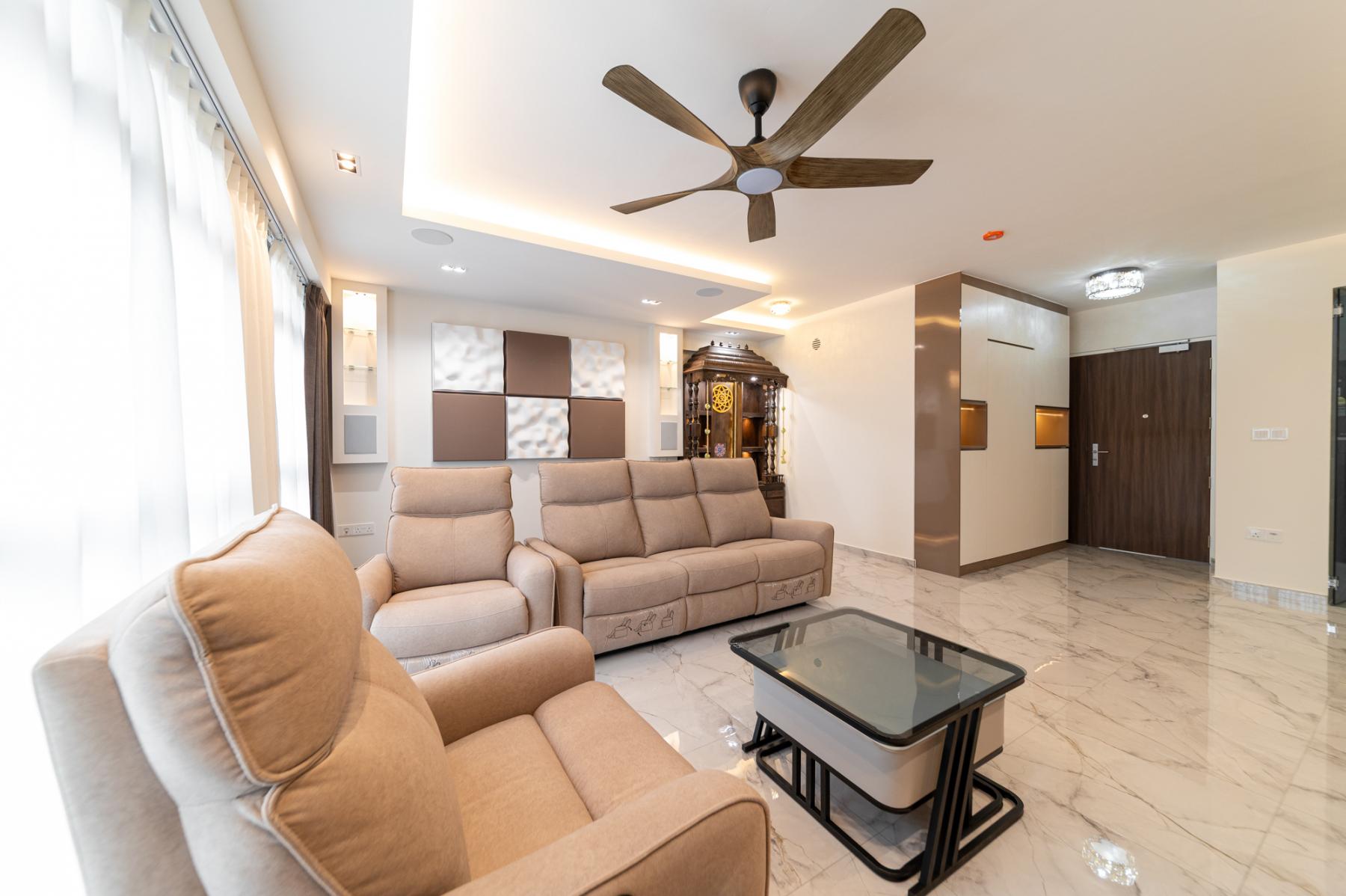 Modern Living Room with Marble Floor and Cove Lighting