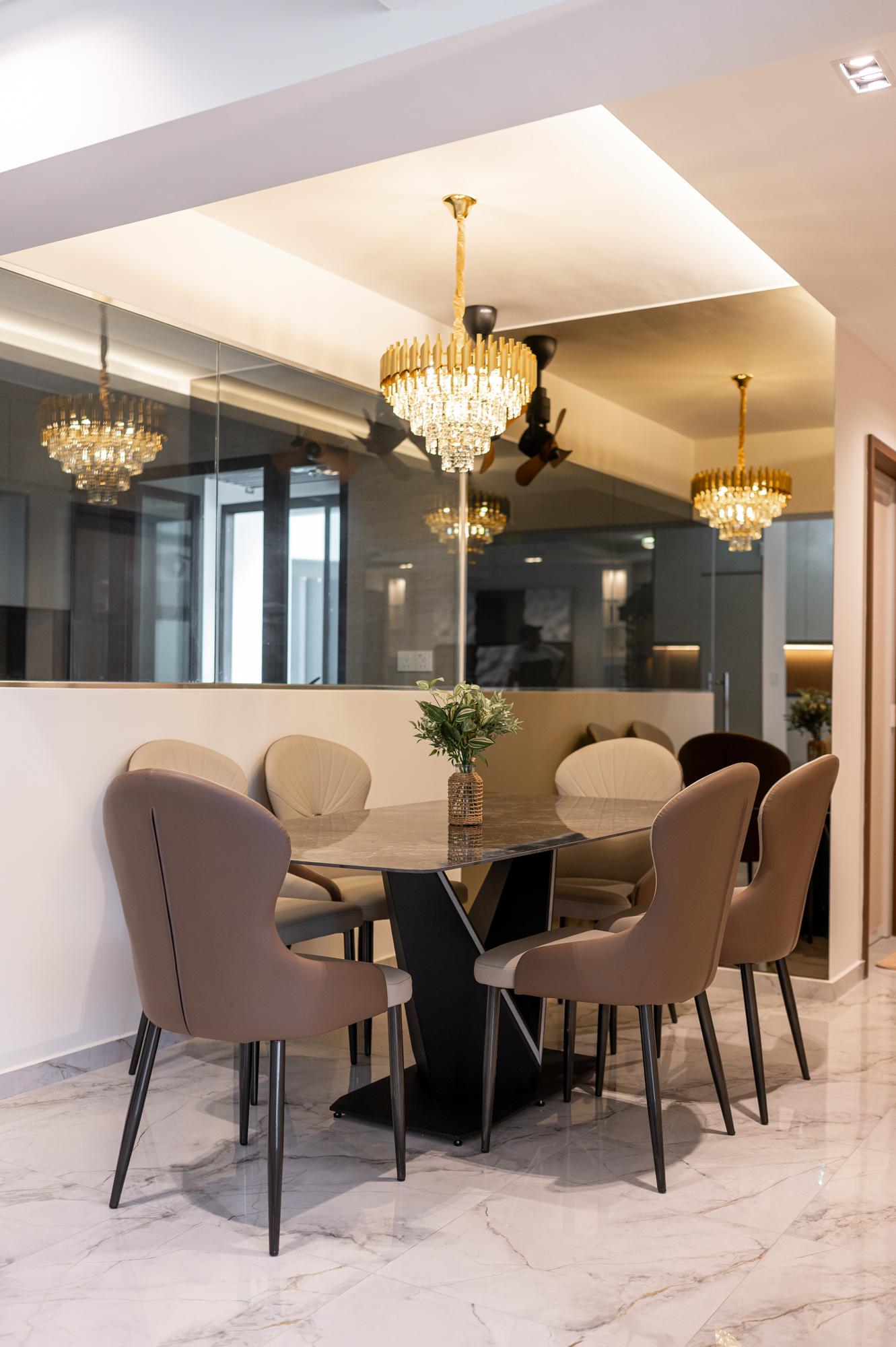 Modern Dining Room with Mirror and Cove Lighting
