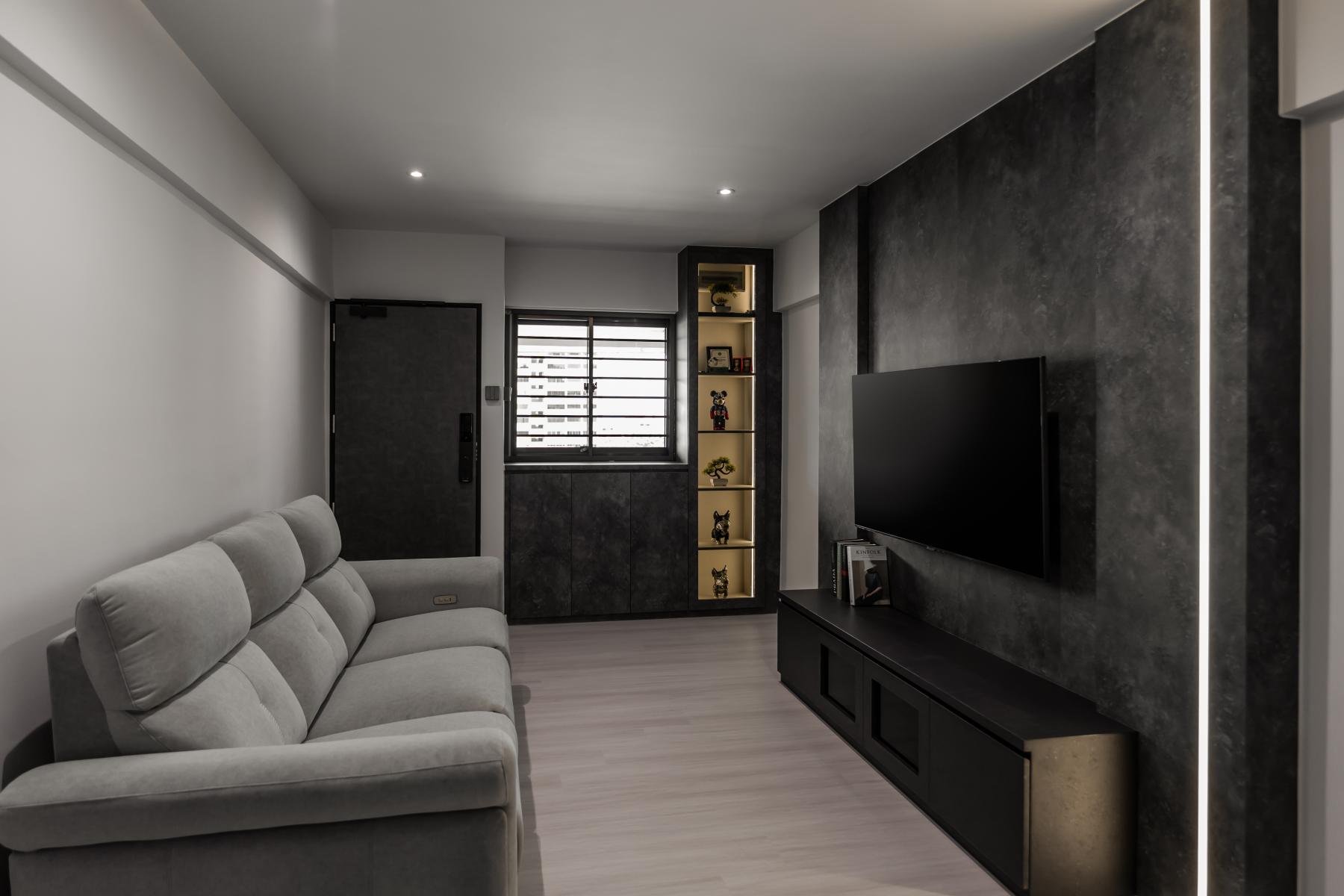Contemporary Living Room with Bookshelf and Vinyl Flooring