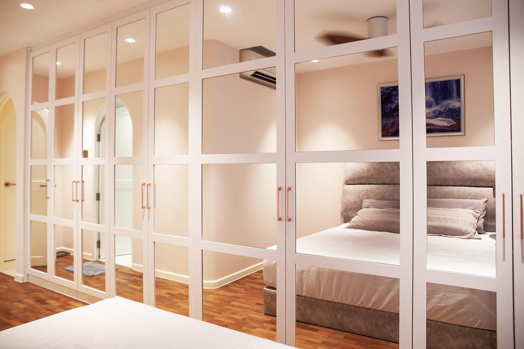 Contemporary Bedroom with Parquet Floor and Drop Ceiling