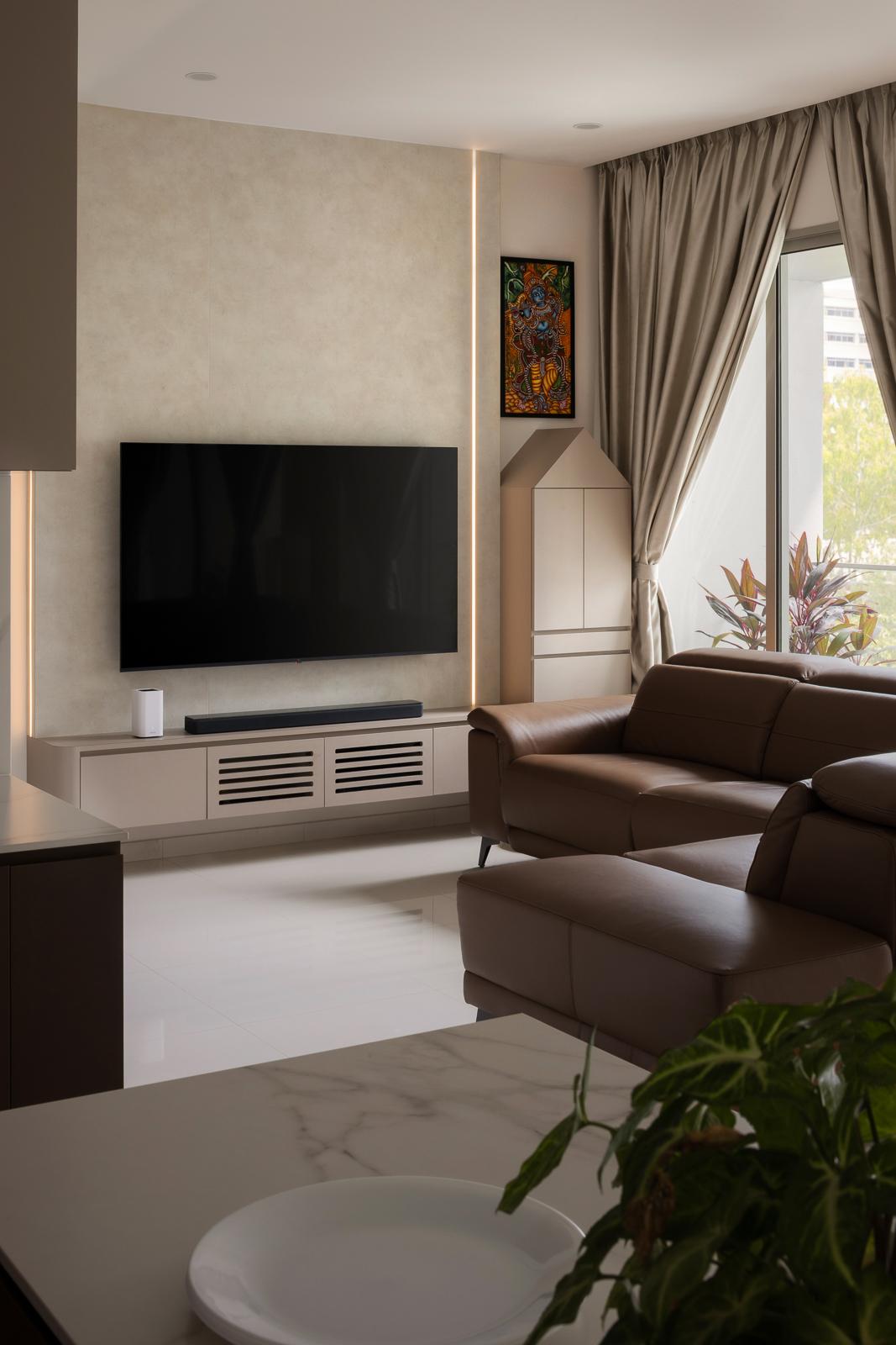 Modern Living Room with Homogeneous Tiles and Feature Wall