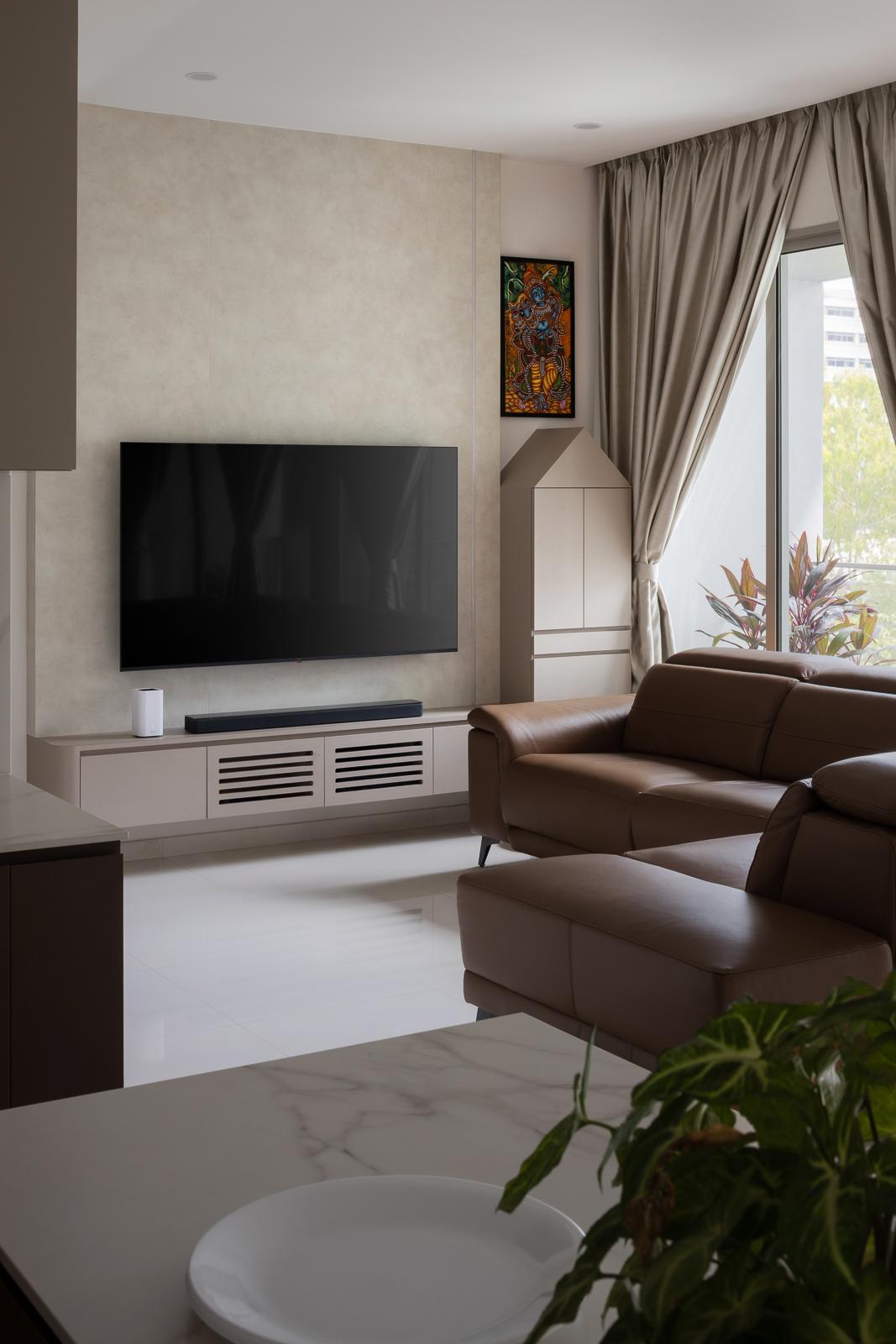 Modern Living Room with Homogeneous Tiles and TV Console
