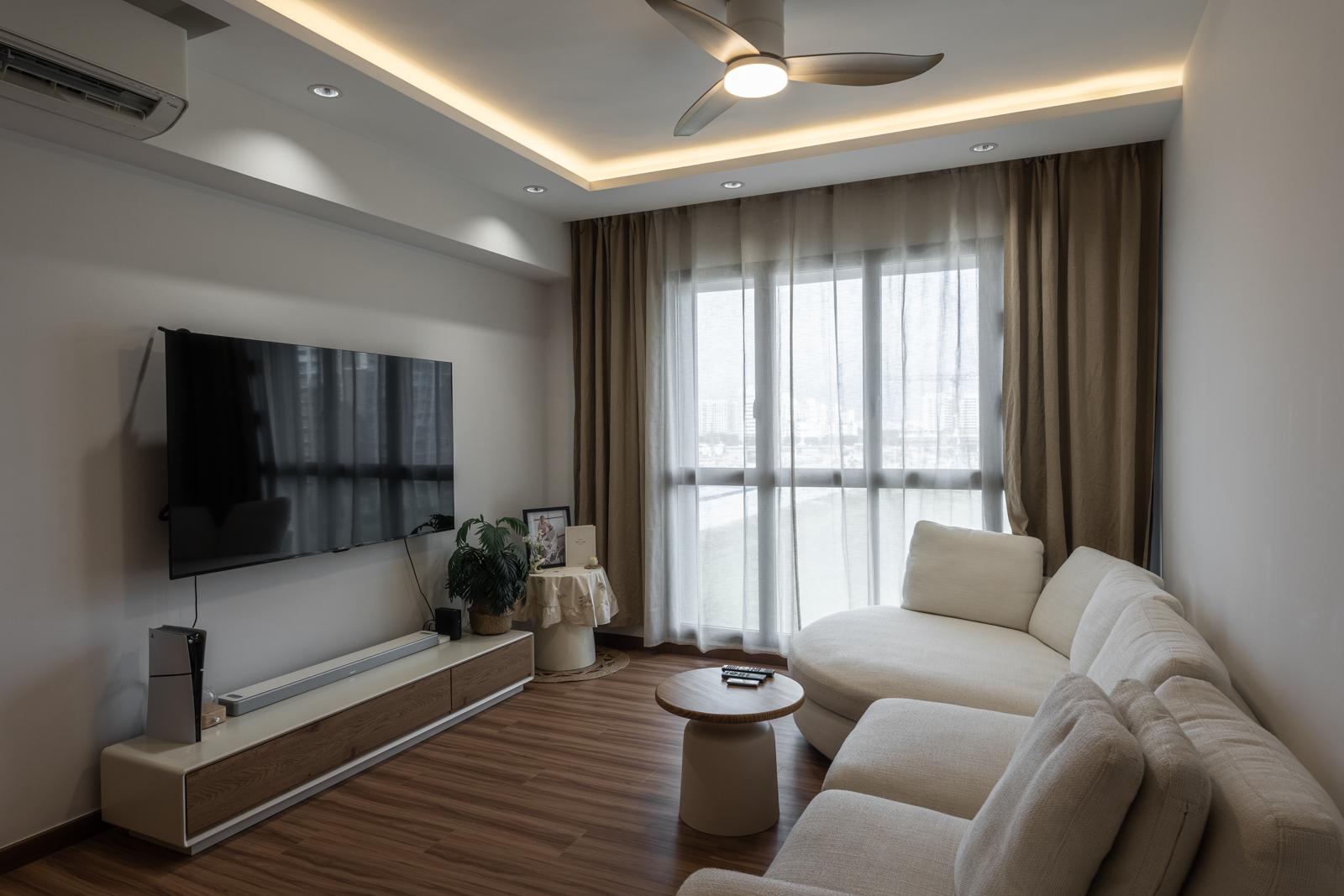 Country Living Room with Vinyl Flooring and Cove Lighting