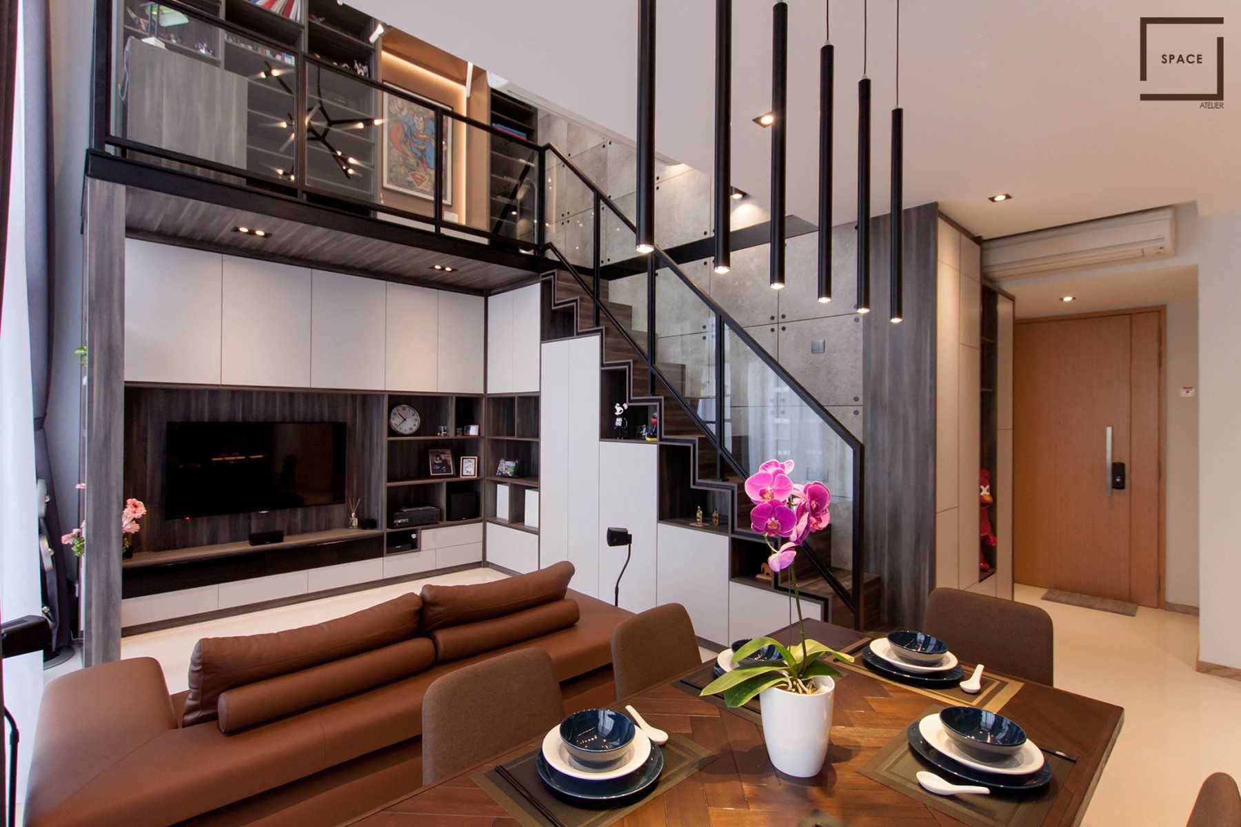 Industrial Living Room with Homogeneous Tiles and TV Console