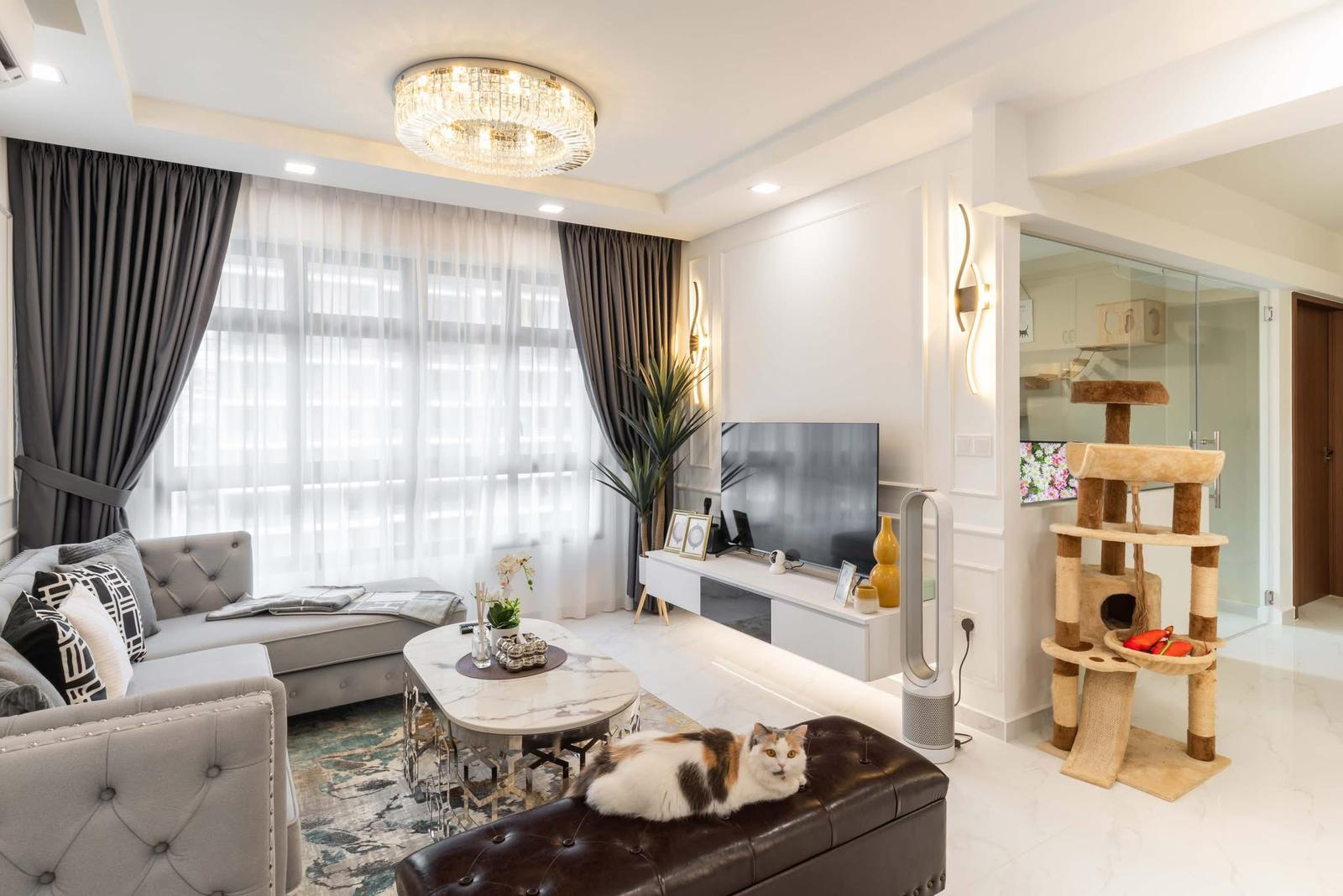 Modern Living Room with Homogeneous Tiles and TV Console
