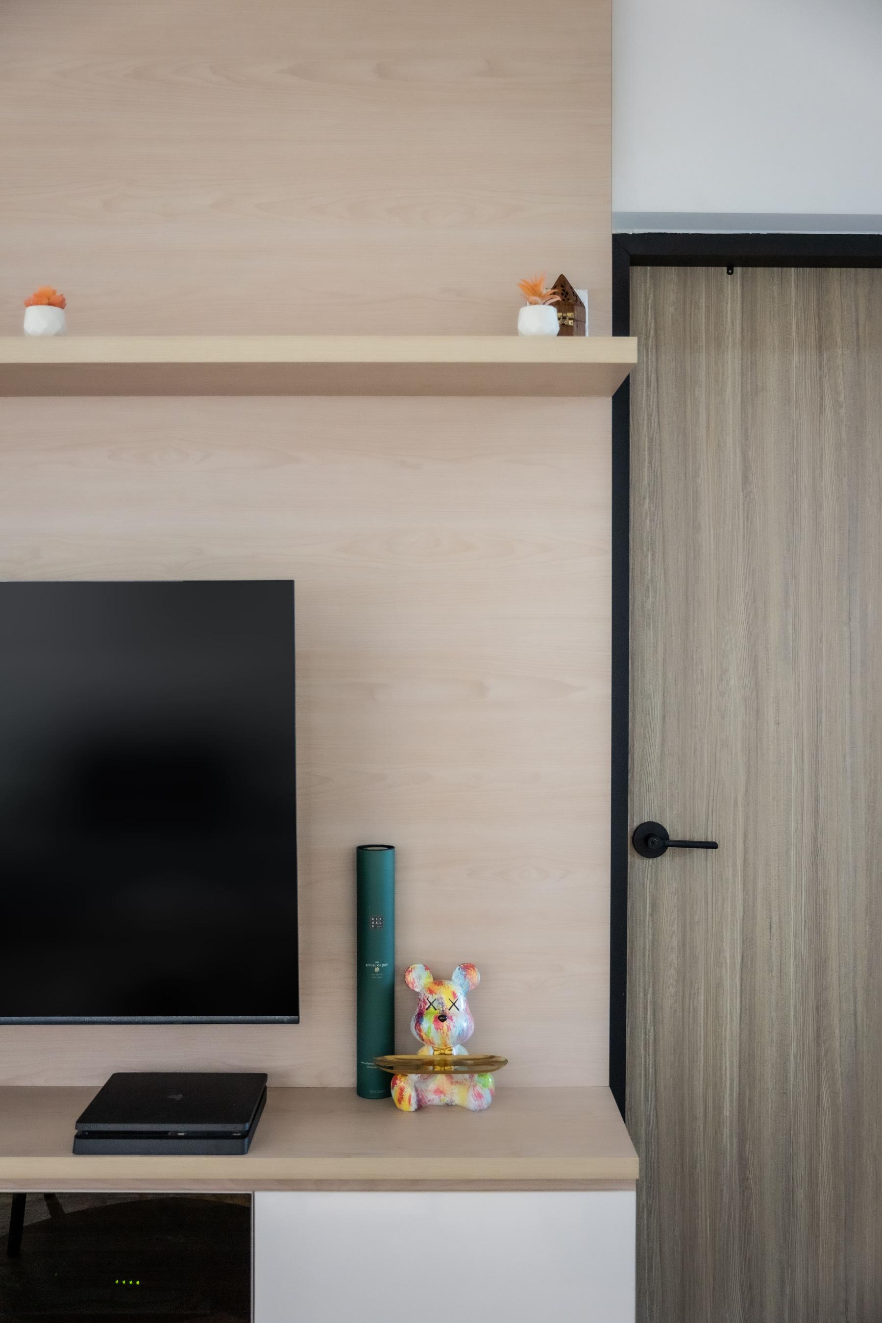 Scandinavian Living Room with TV Console and Feature Wall