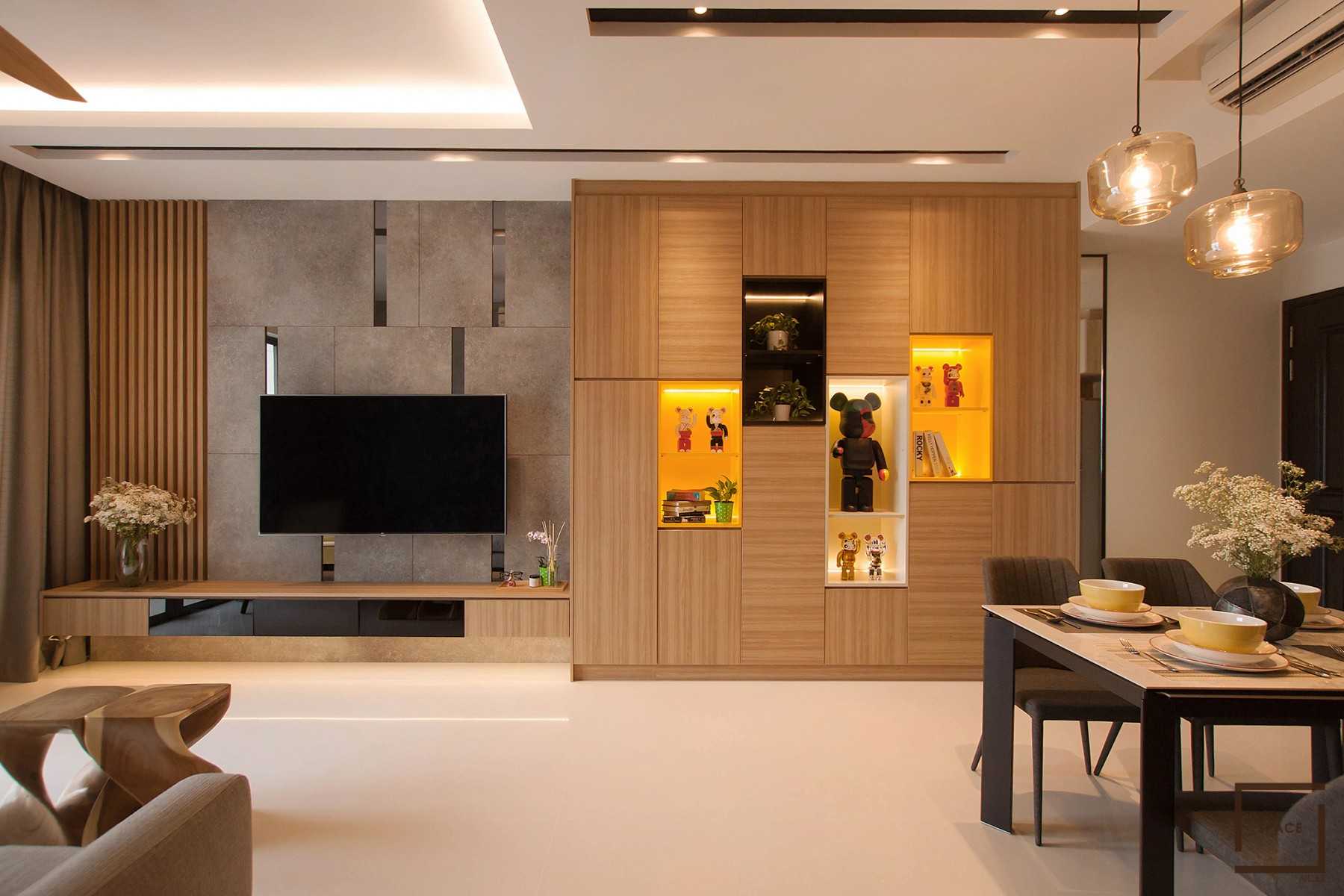Contemporary Living Room with TV Console and Drop Light