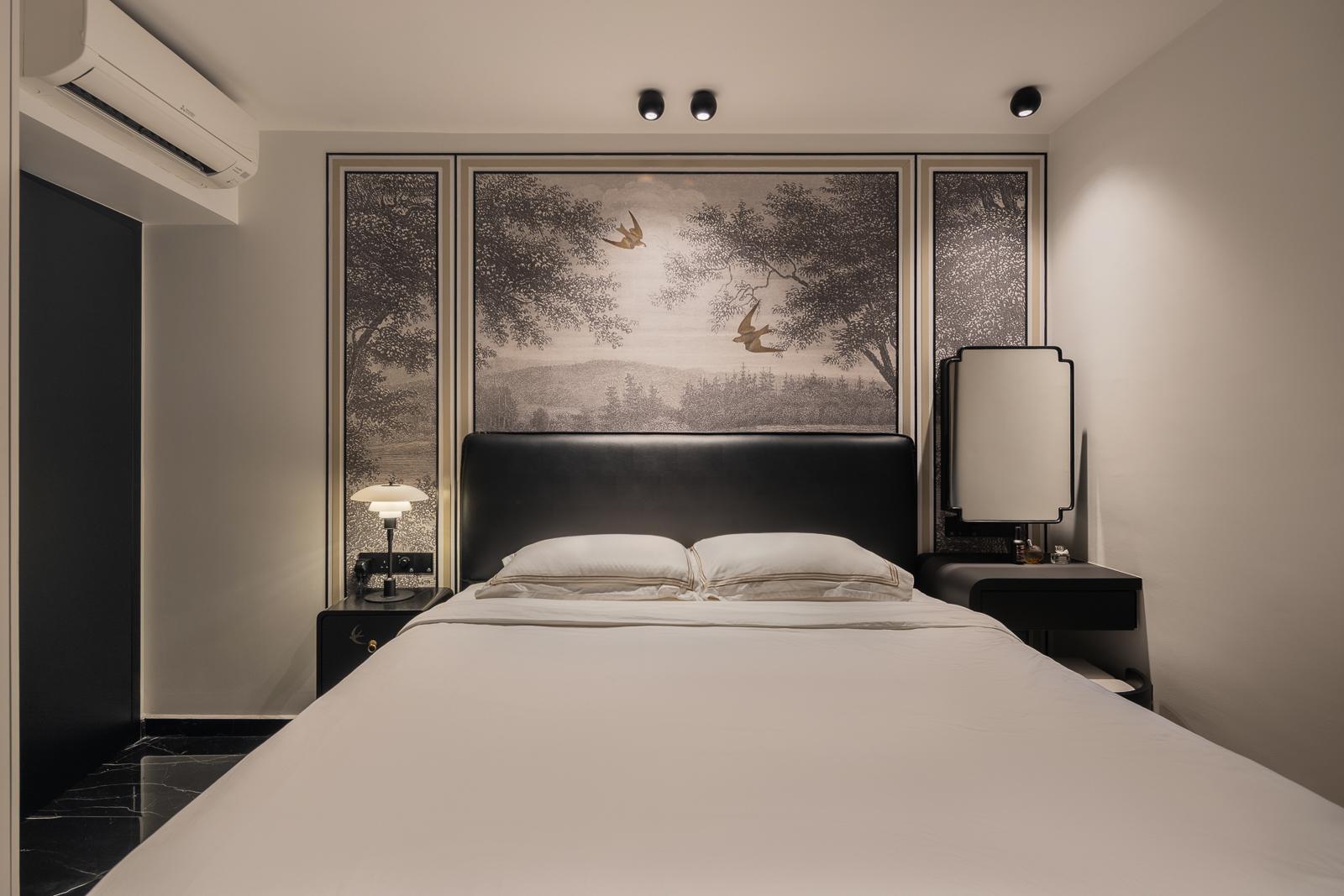 Asian Bedroom with Artwork and Wallpaper