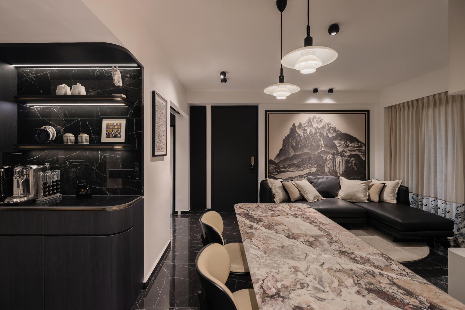 Asian Dining Room with Marble Floor and Artwork
