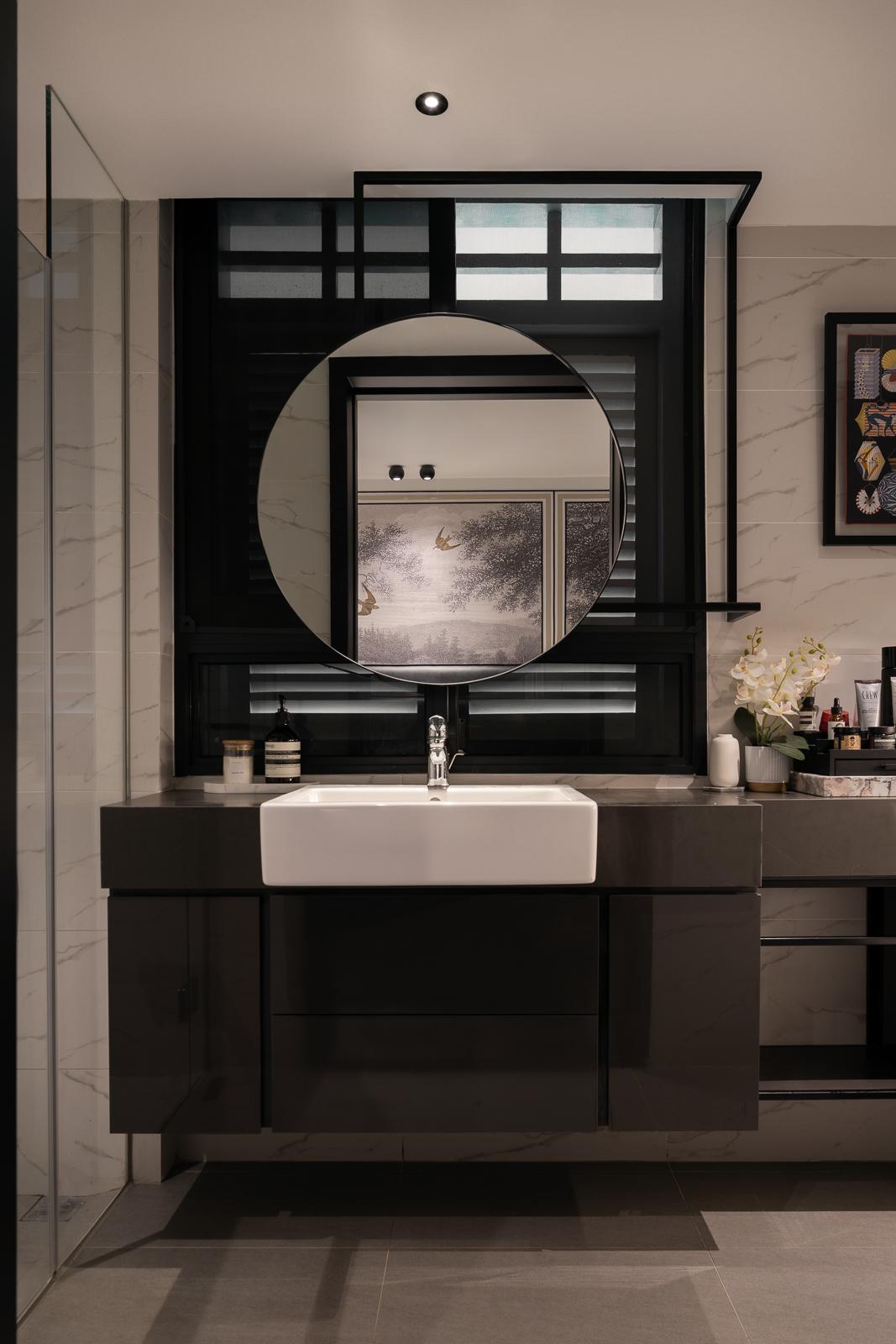 Asian Bathroom with Mirror and Bathroom Storage