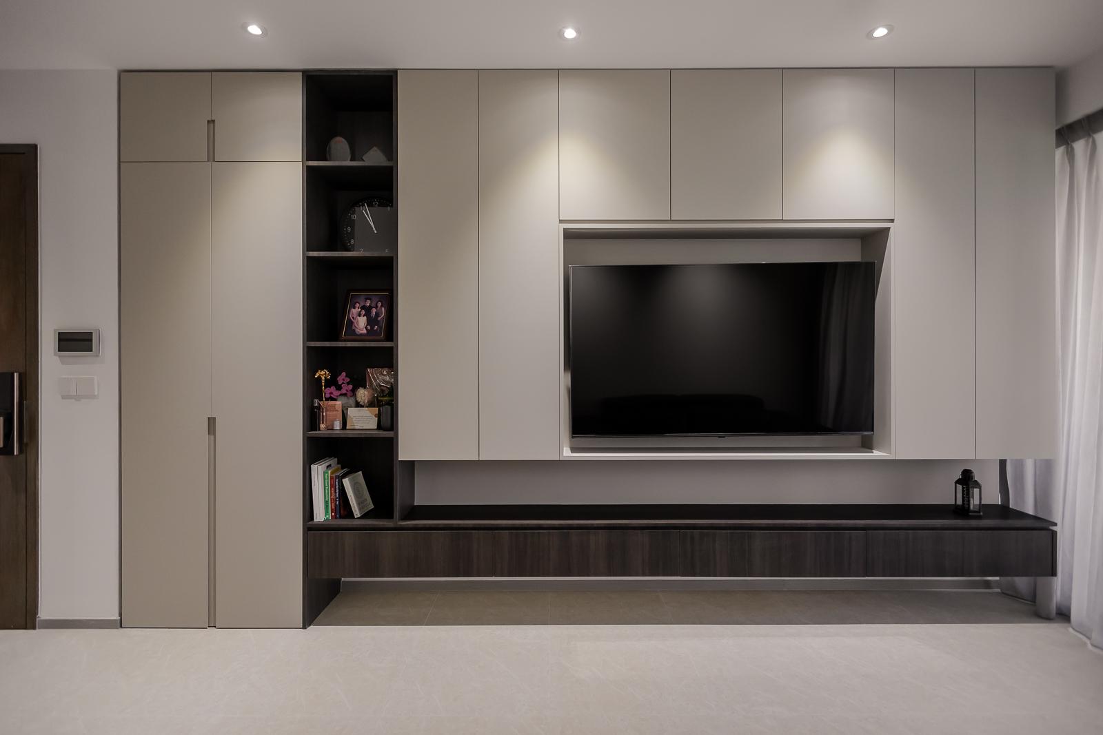 Modern Living Room with Homogeneous Tiles and TV Console