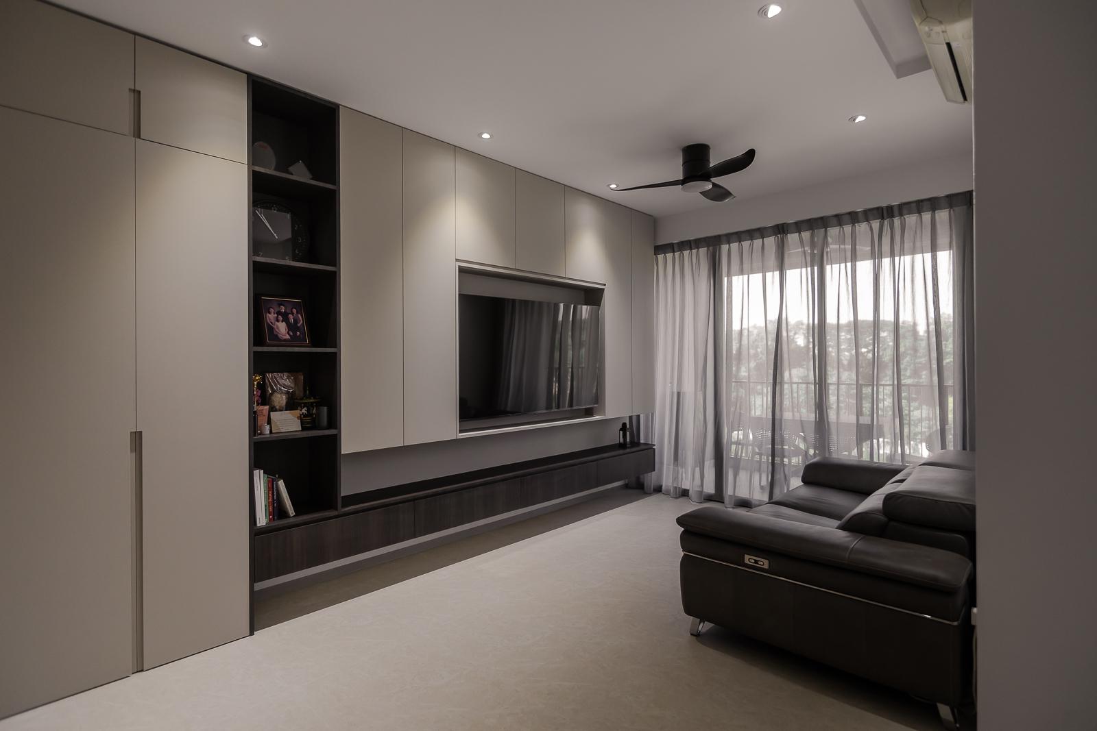 Modern Living Room with Homogeneous Tiles and Feature Wall