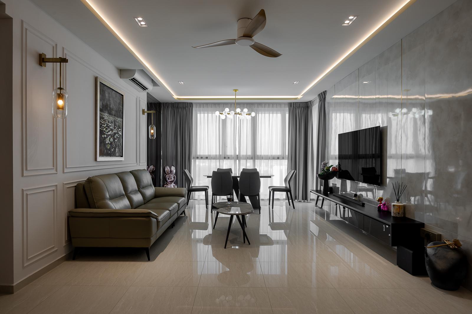 Modern Living Room with Homogeneous Tiles and TV Console