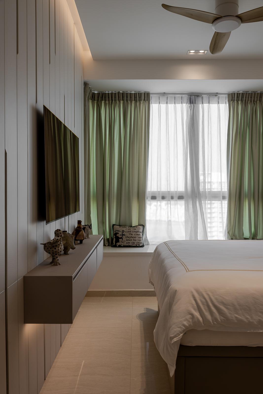 Modern Bedroom with Homogeneous Tiles and Bay Window