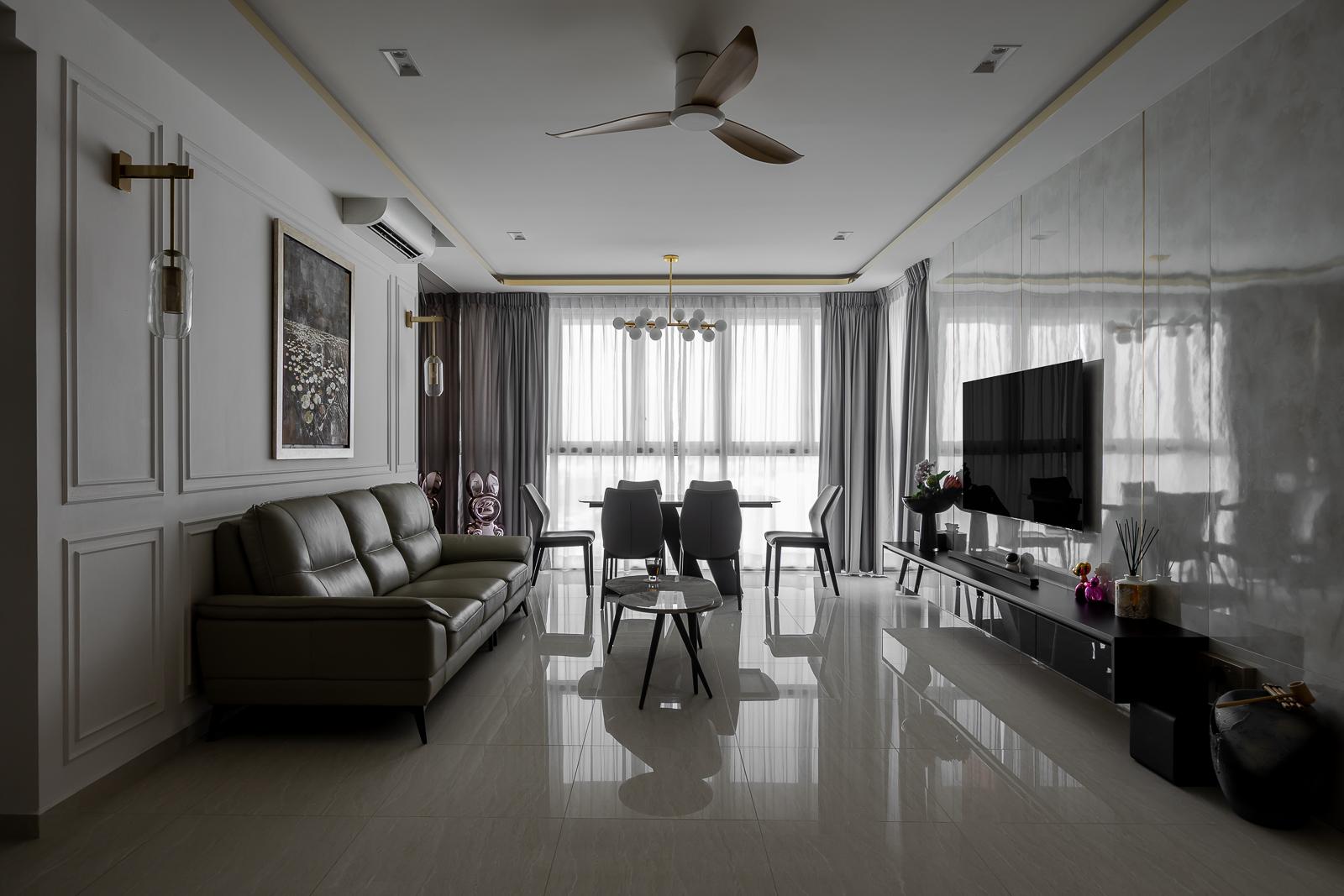 Modern Living Room with Homogeneous Tiles and Feature Wall