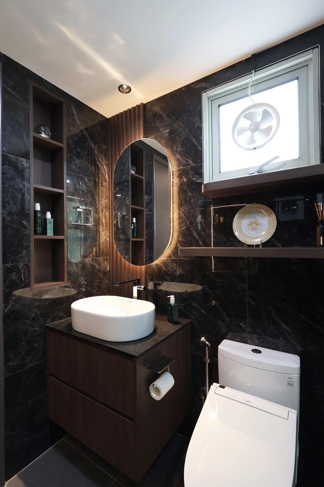 Modern Bathroom with Bathroom Storage and Showers