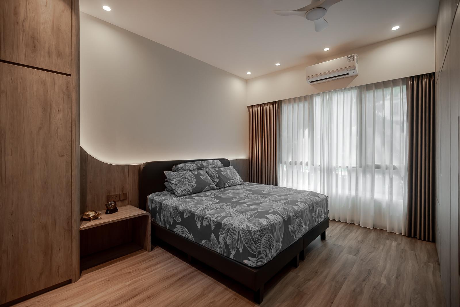 Modern Bedroom with Marble Floor and Wood Flooring