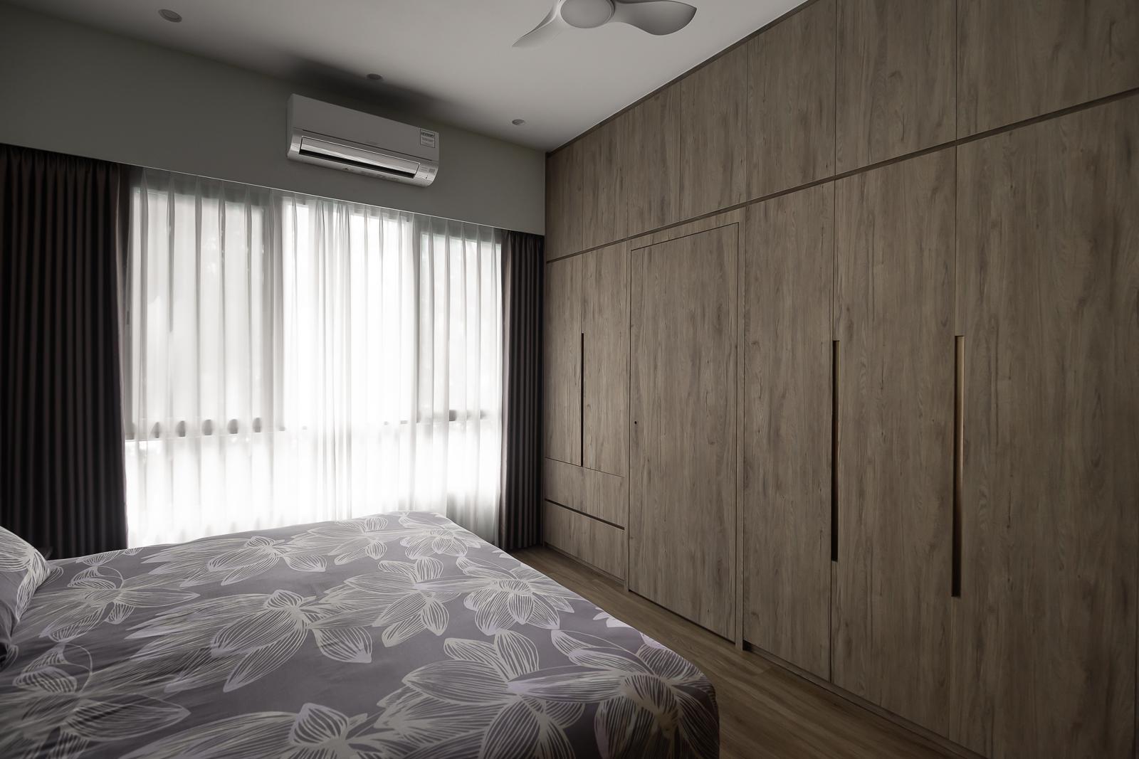 Modern Bedroom with Granite Floor and Wood Flooring