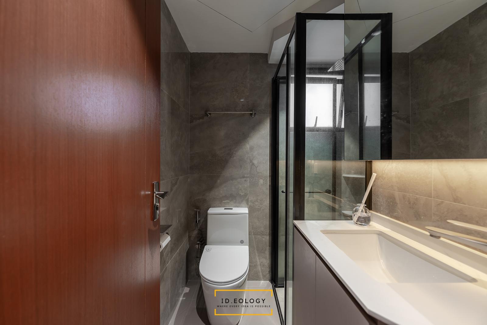 Contemporary Bathroom with Herringbone Tiling and Parquet Floor