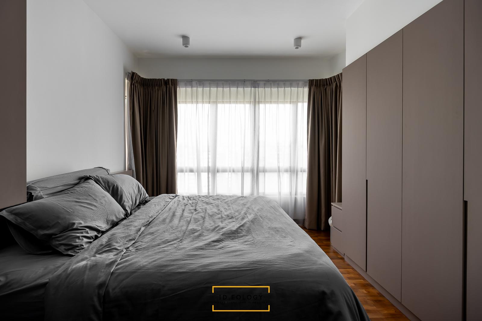Contemporary Bedroom with Wood Flooring and Bay Window