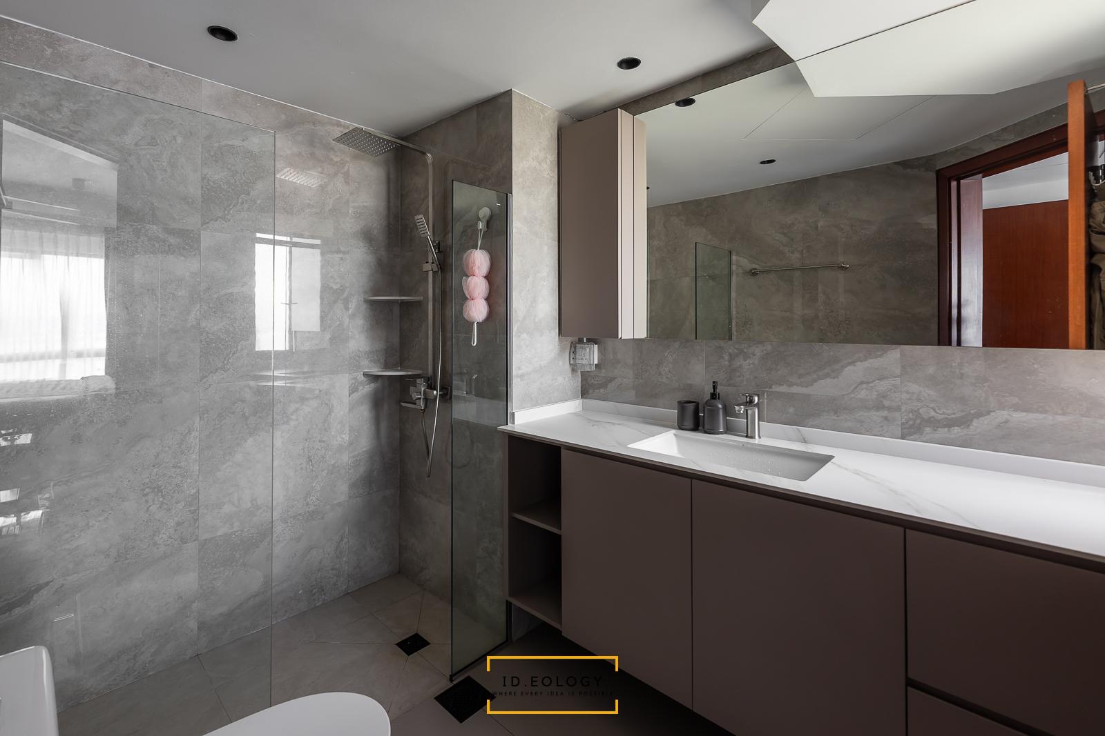 Contemporary Bathroom with Herringbone Tiling and Parquet Floor