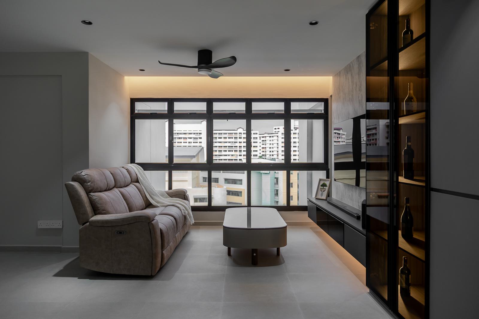 Industrial Living Room with Wood Flooring and Feature Wall
